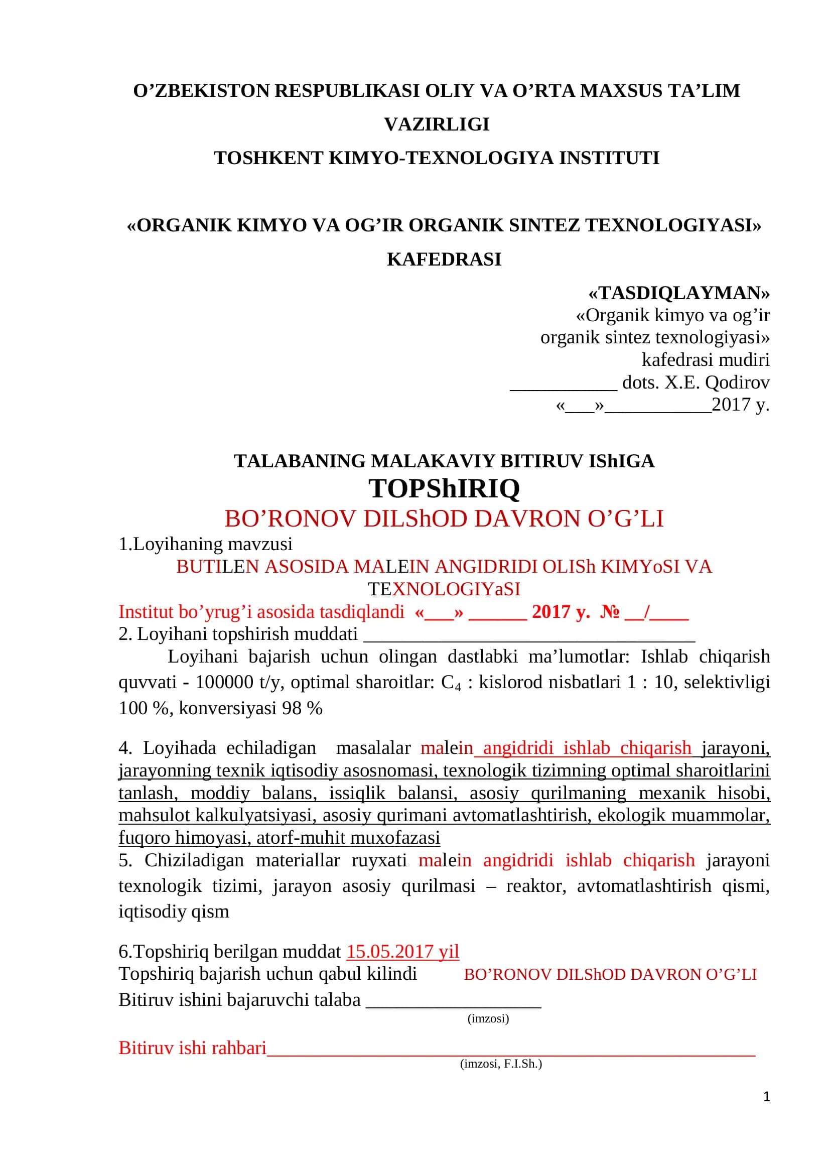 BUTILEN ASOSIDA MALEIN ANGIDRIDI OLISh KIMYoSI VA TEXNOLOGIYaSI