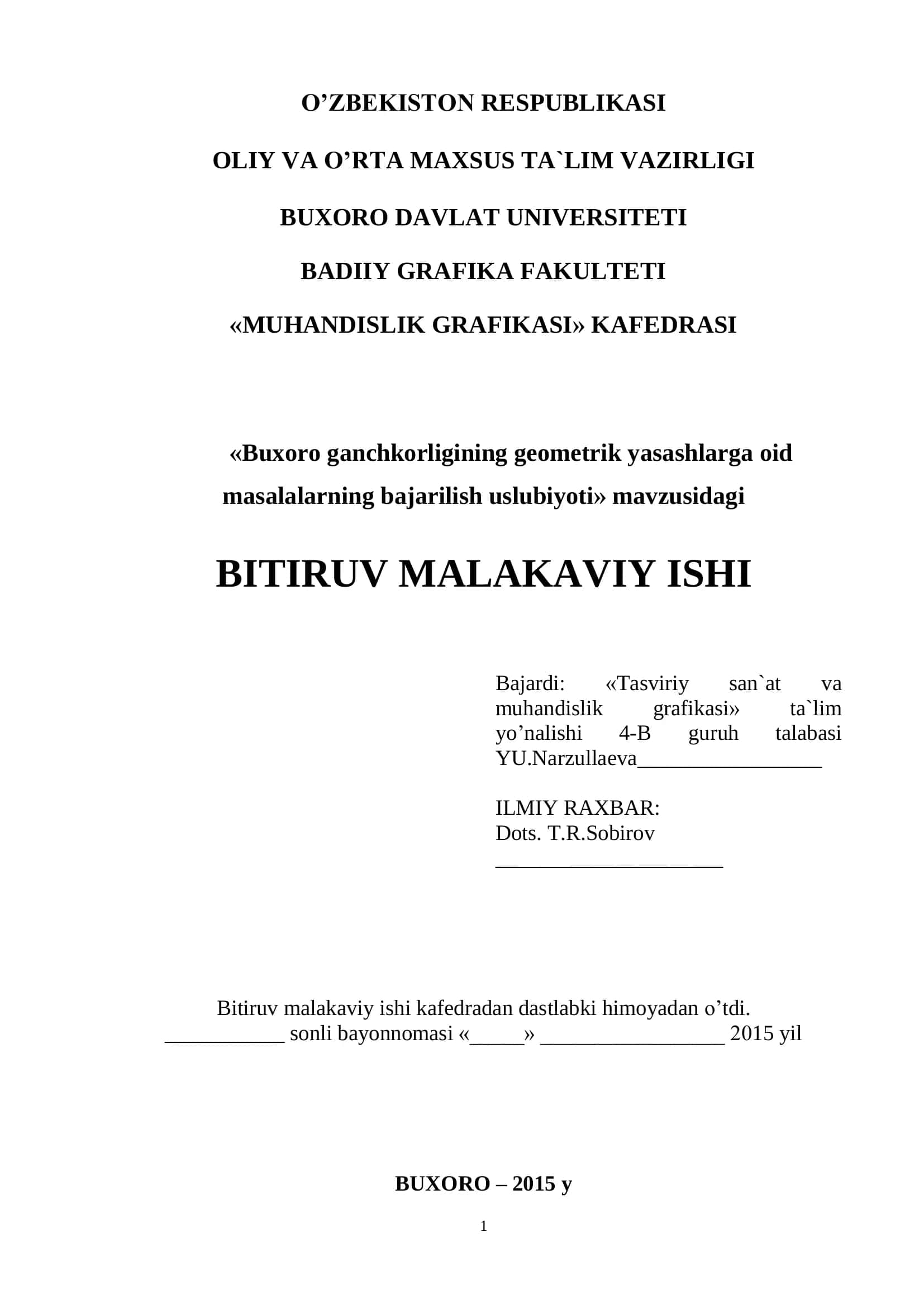 Buxoro ganchkorligining geometrik yasashlarga oid masalalarning bajarilish uslubiyoti