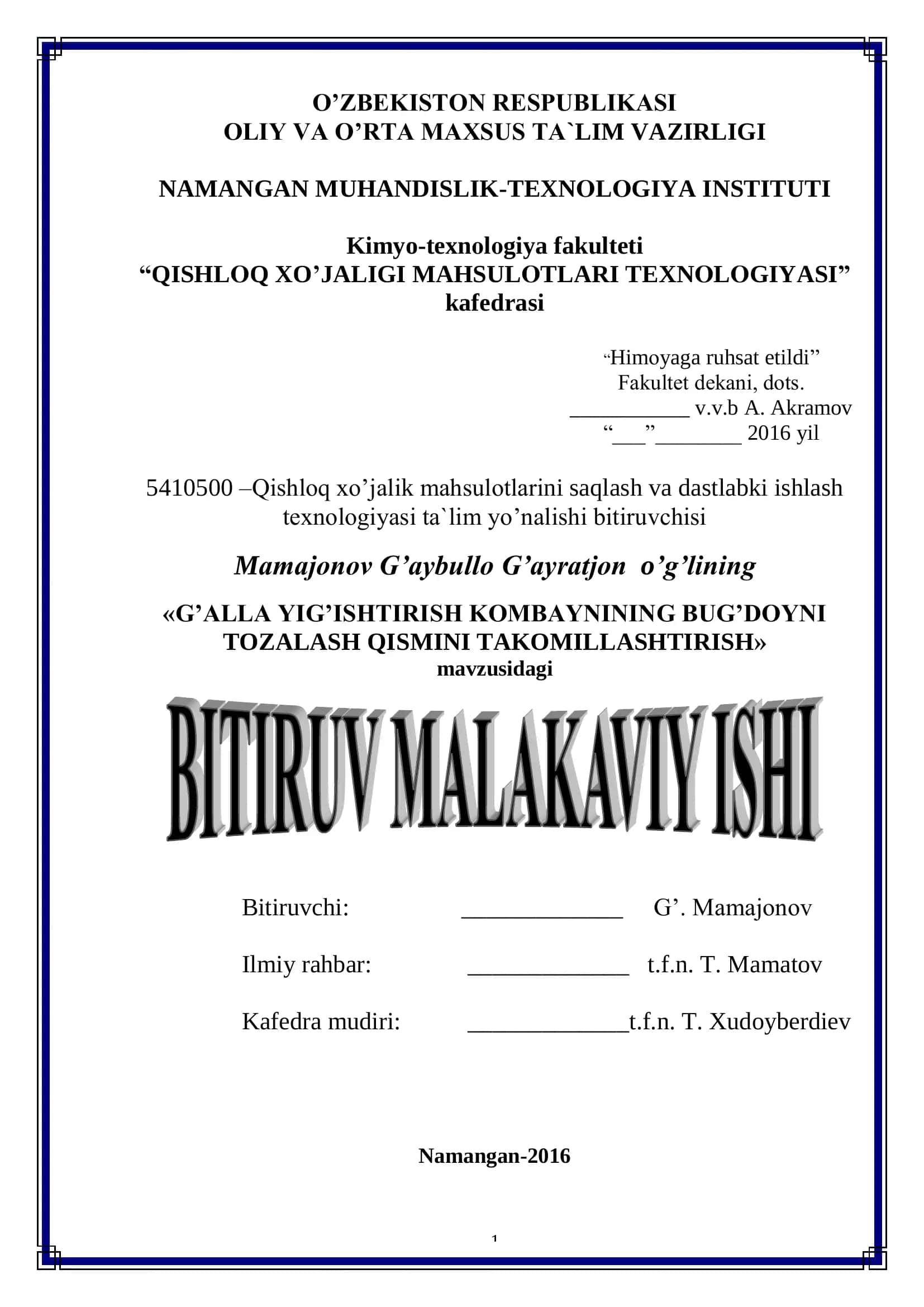 G’ALLA YIG’ISHTIRISH KOMBAYNINING BUG’DOYNI TOZALASH QISMINI TAKOMILLASHTIRISH