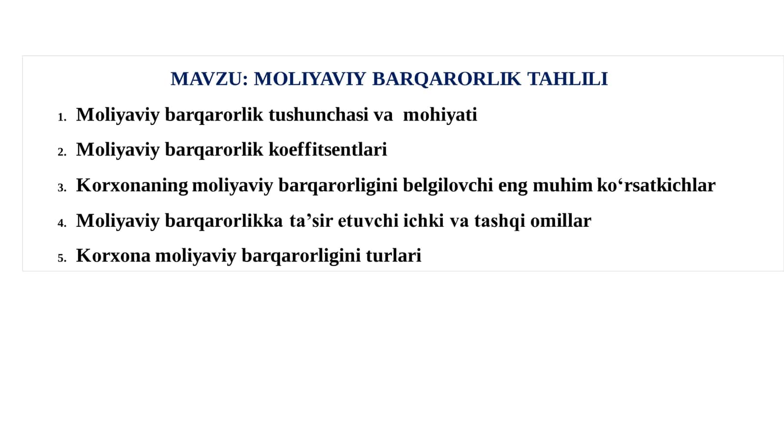 MОLIYAVIY BARQARОRLIK TAHLILI