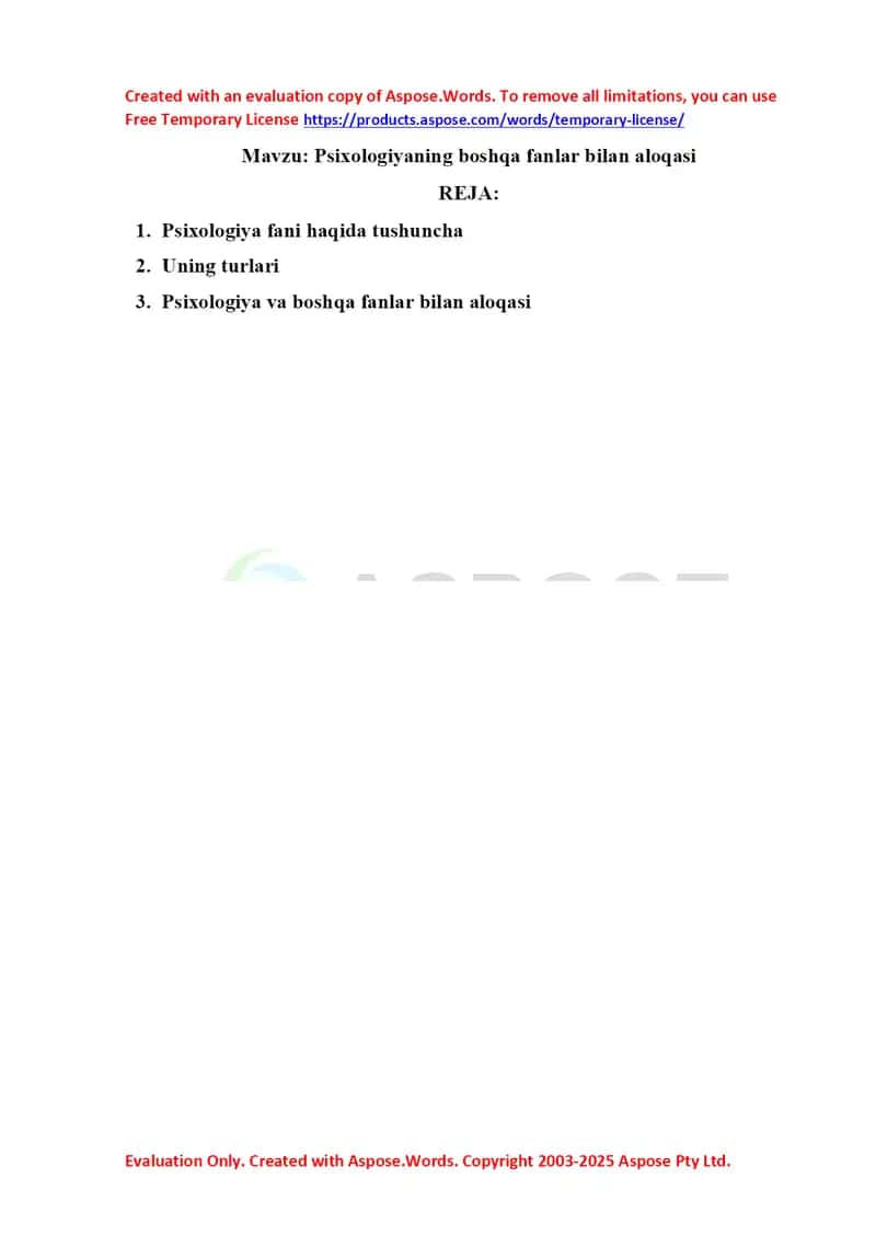 Psixologiyaning boshqa fanlar bilan aloqasi