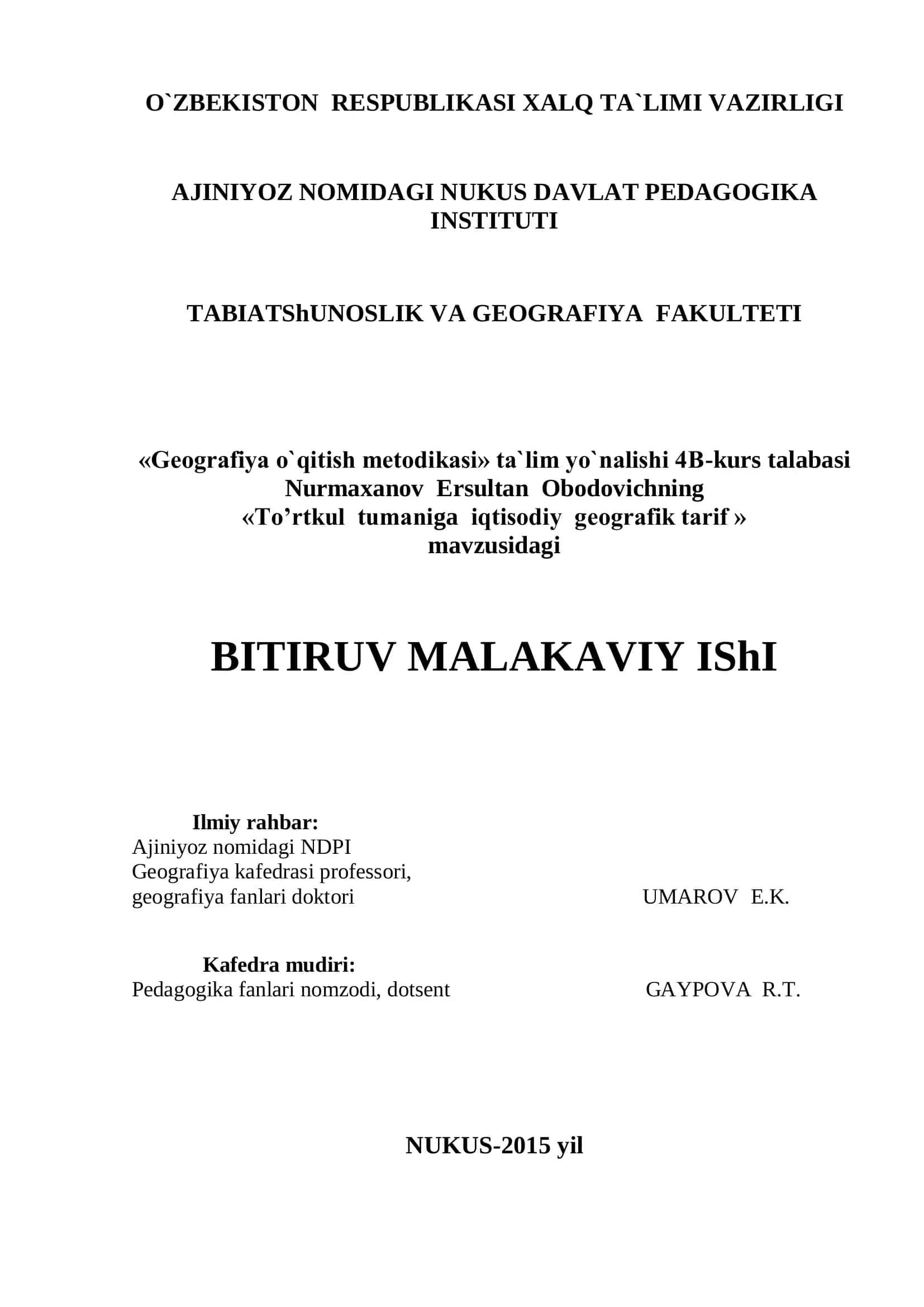 «To’rtkul tumaniga iqtisodiy geografik tarif »