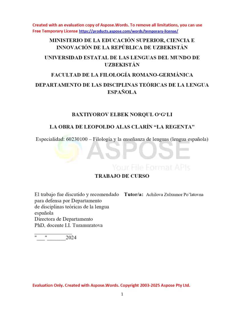 Kurs ishi: “La obra de Leopoldo Alas Clarín – La Regenta”