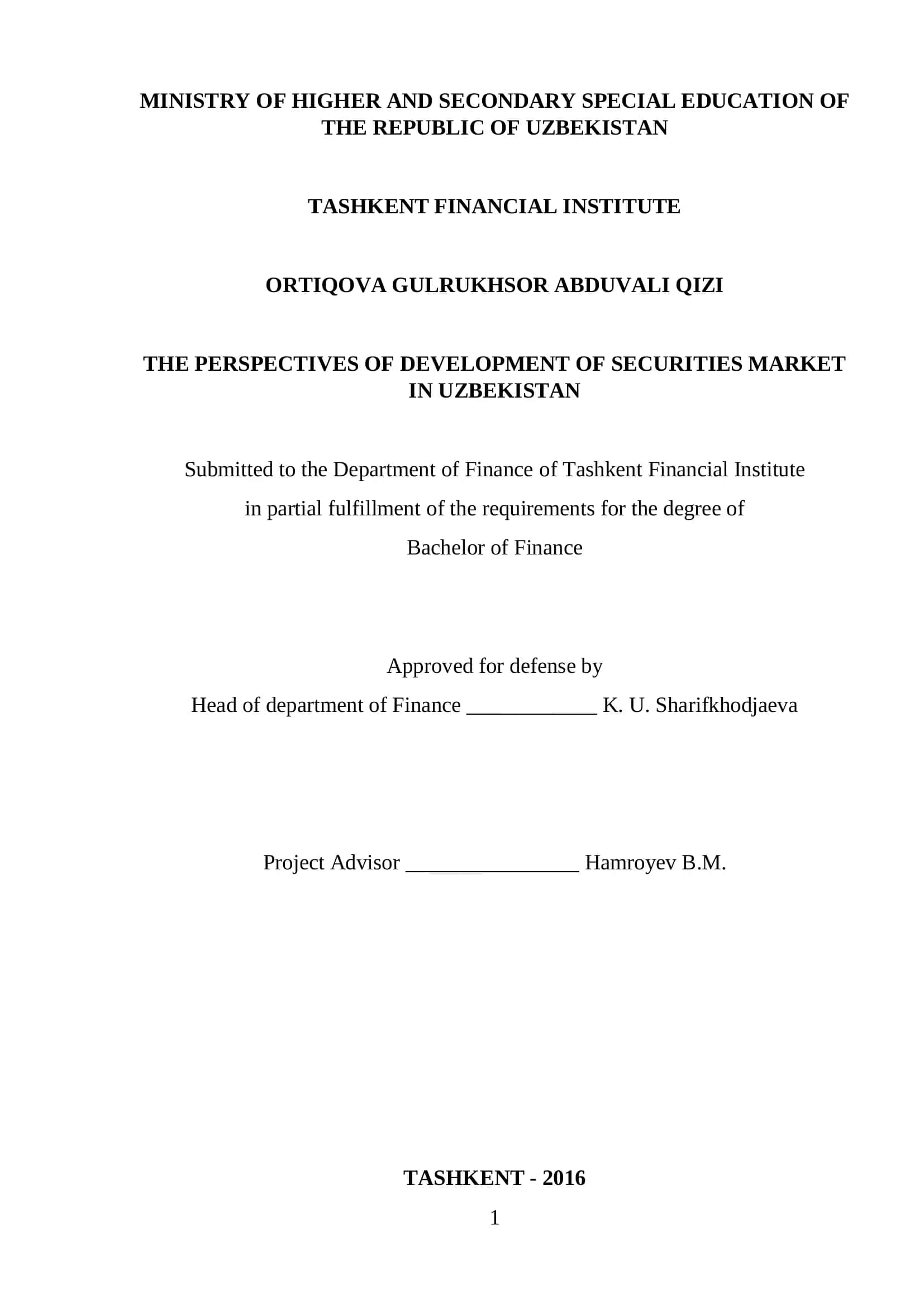 THE PERSPECTIVES OF DEVELOPMENT OF SECURITIES MARKET IN UZBEKISTAN