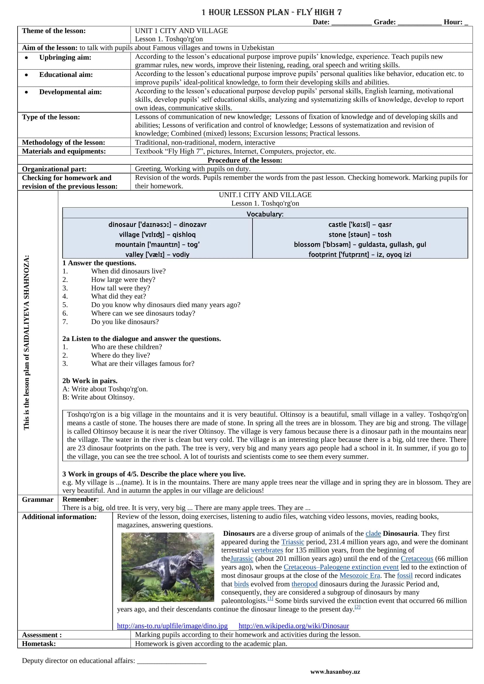 Toshqo'rg'on lesson materials