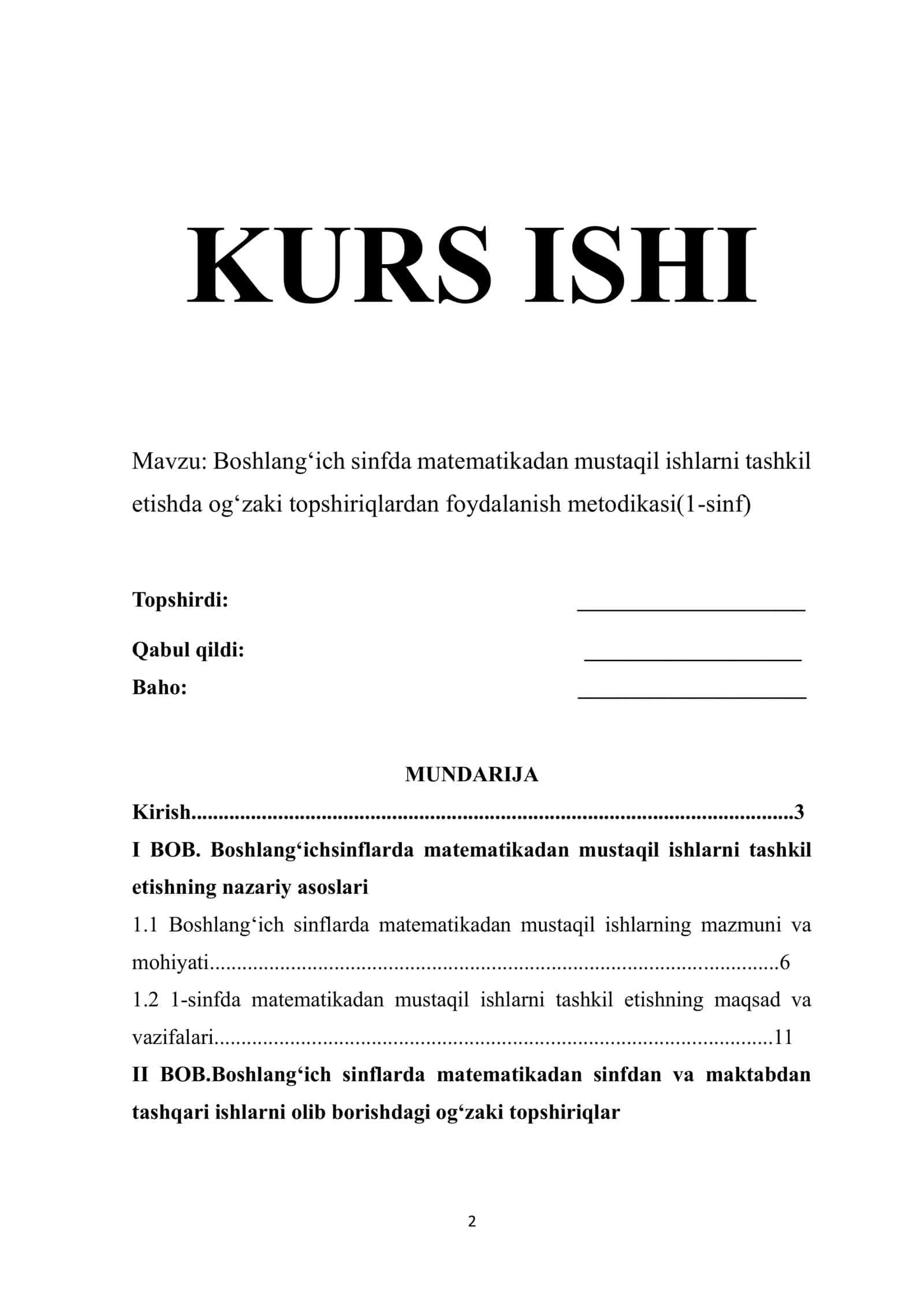 Boshlangʻich sinfda matematikadan mustaqil ishlarni tashkil etishda ogʻzaki topshiriqlardan foydalanish metodikasi(1-sinf)