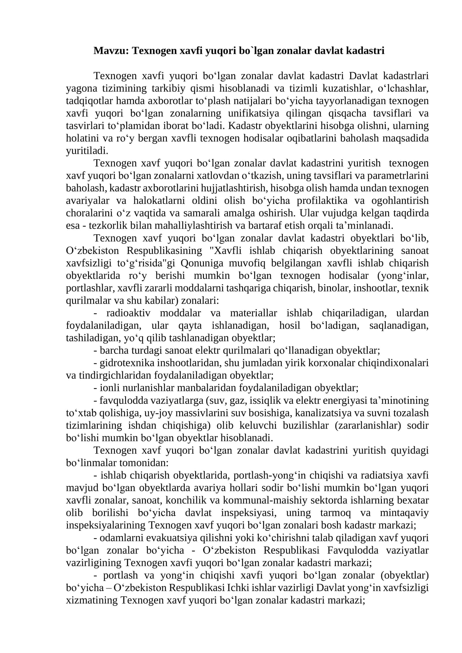 Texnogen xavfi yuqori bo`lgan zonalar davlat kadastri