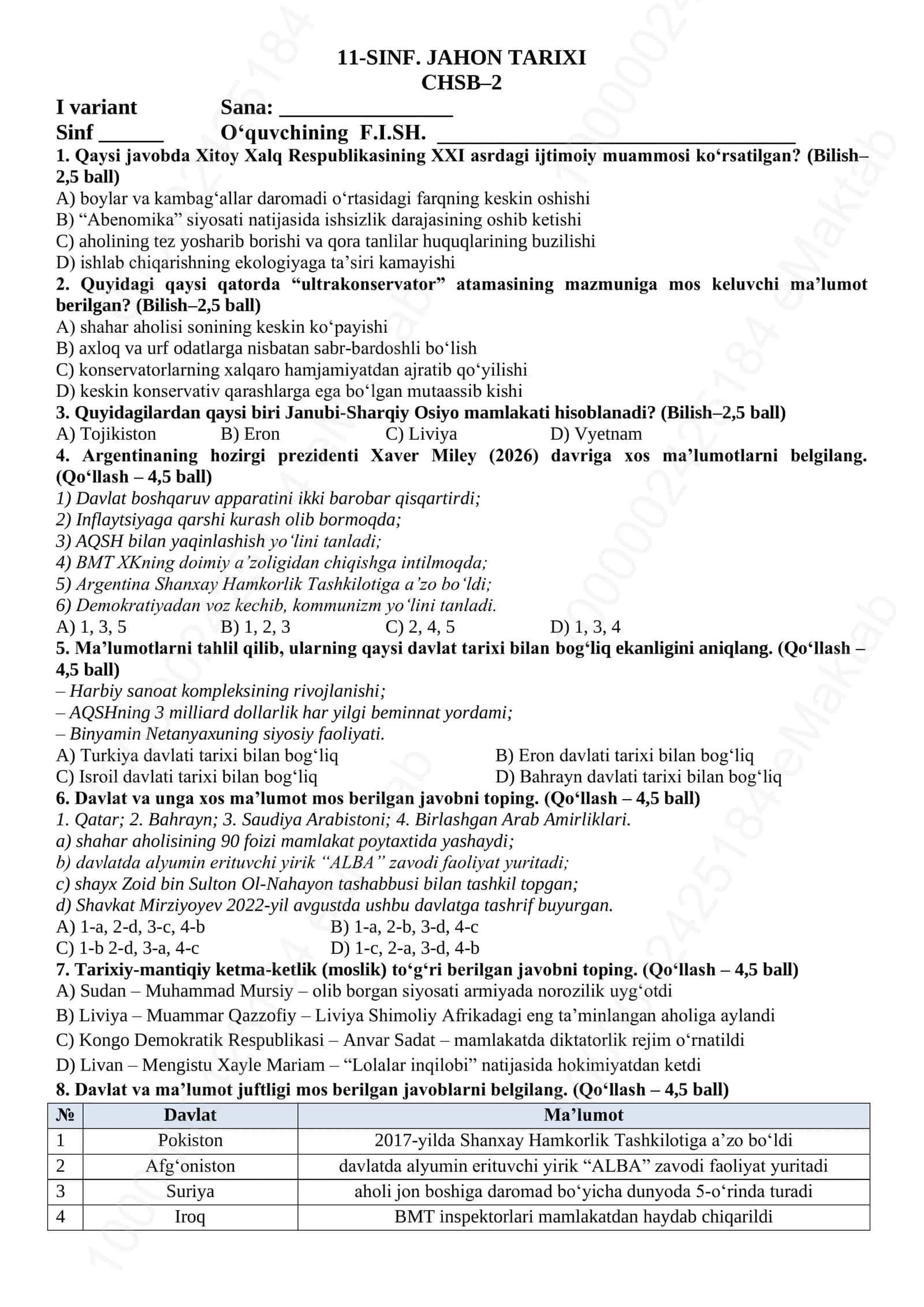 11-SINF. JAHON TARIXI СHSB–2 I variant