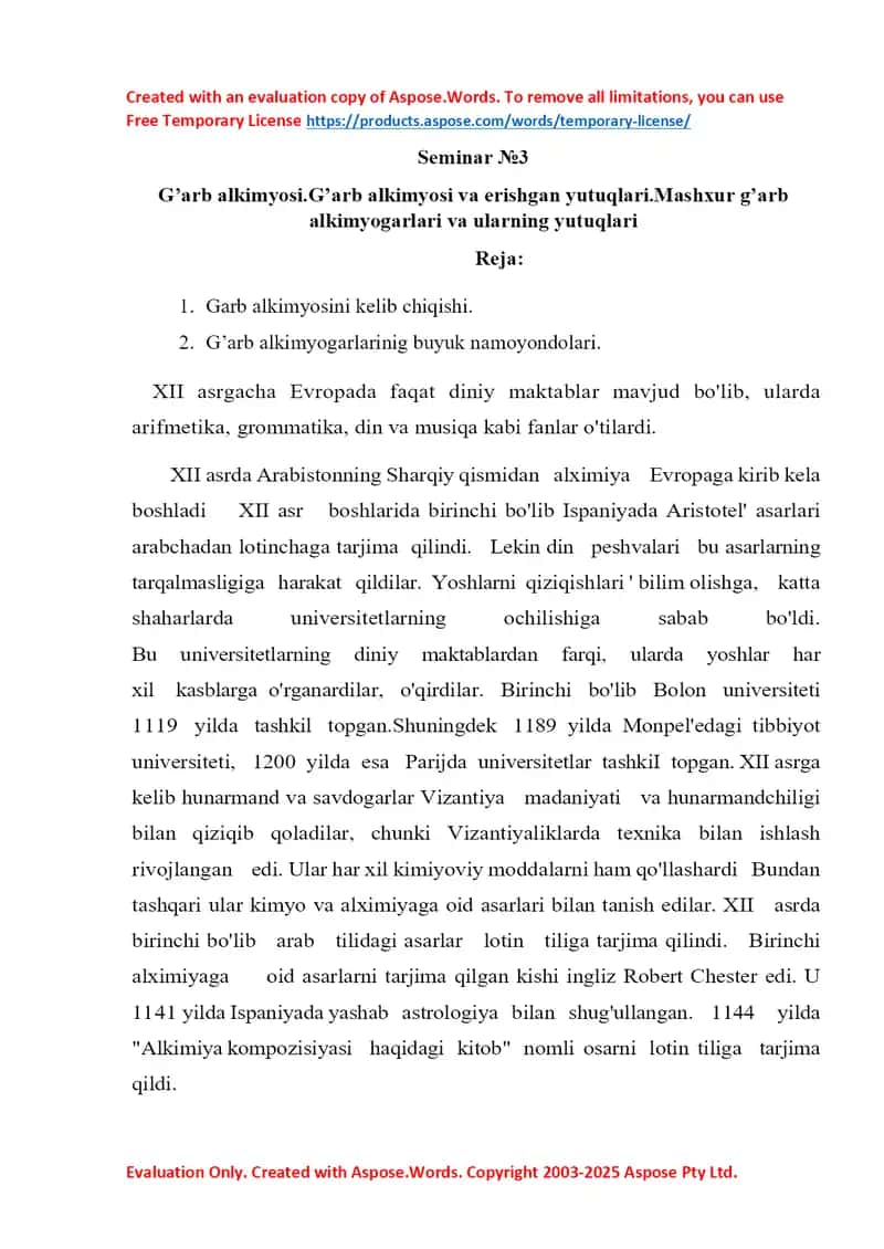 Seminar №3: G’arb alkimyosi va erishgan yutuqlari