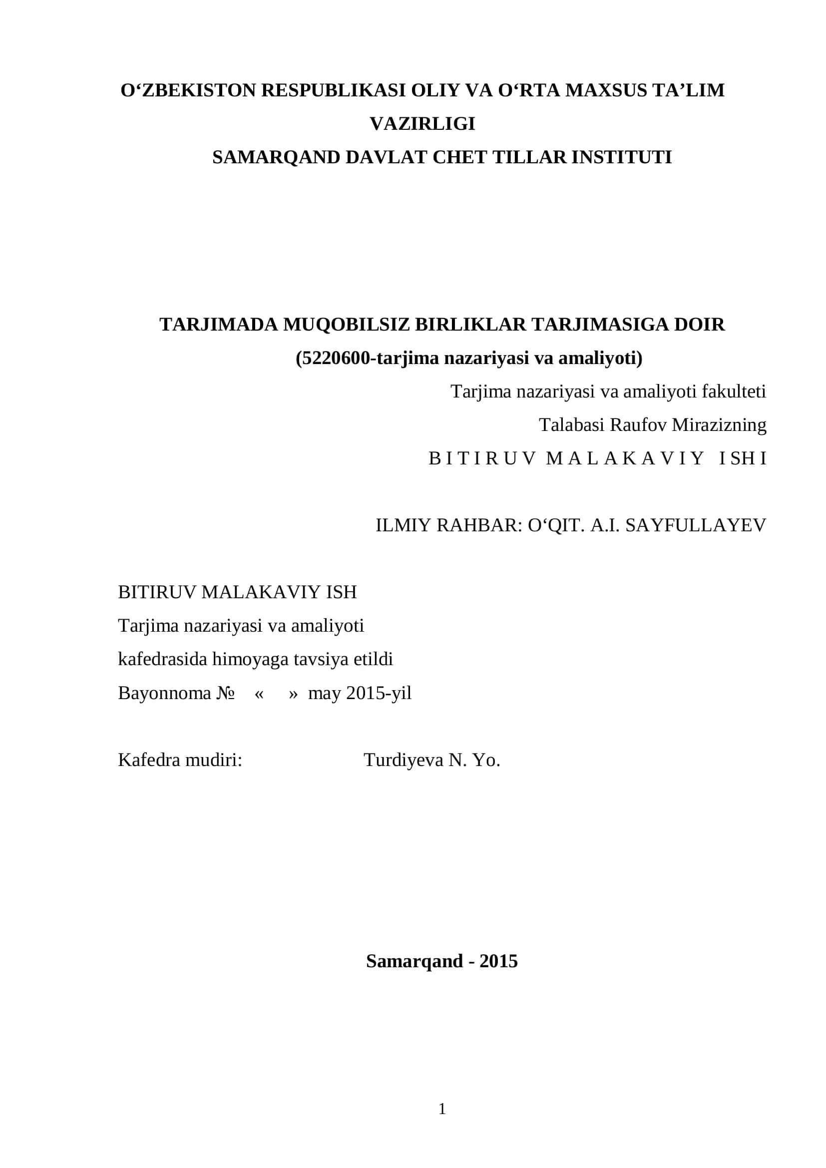 TARJIMADA MUQOBILSIZ BIRLIKLAR TARJIMASIGA DOIR