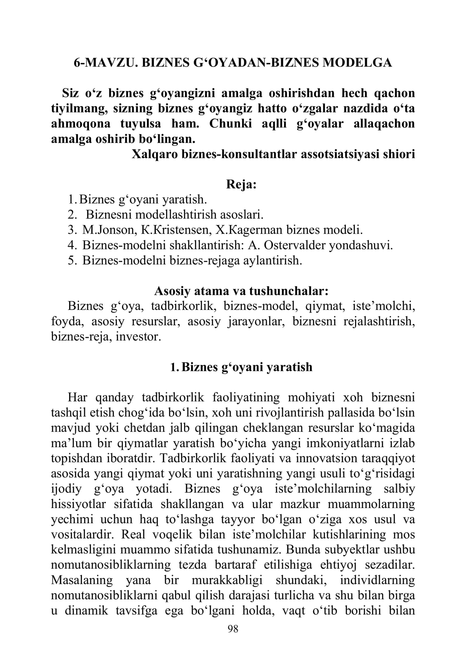 BIZNES G‘OYADAN-BIZNES MODELGA