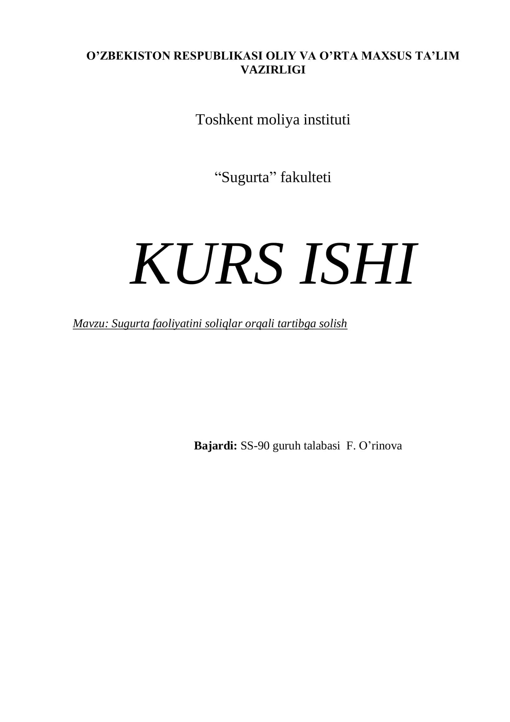 Sugurta faoliyatini soliqlar orqali tartibga solish