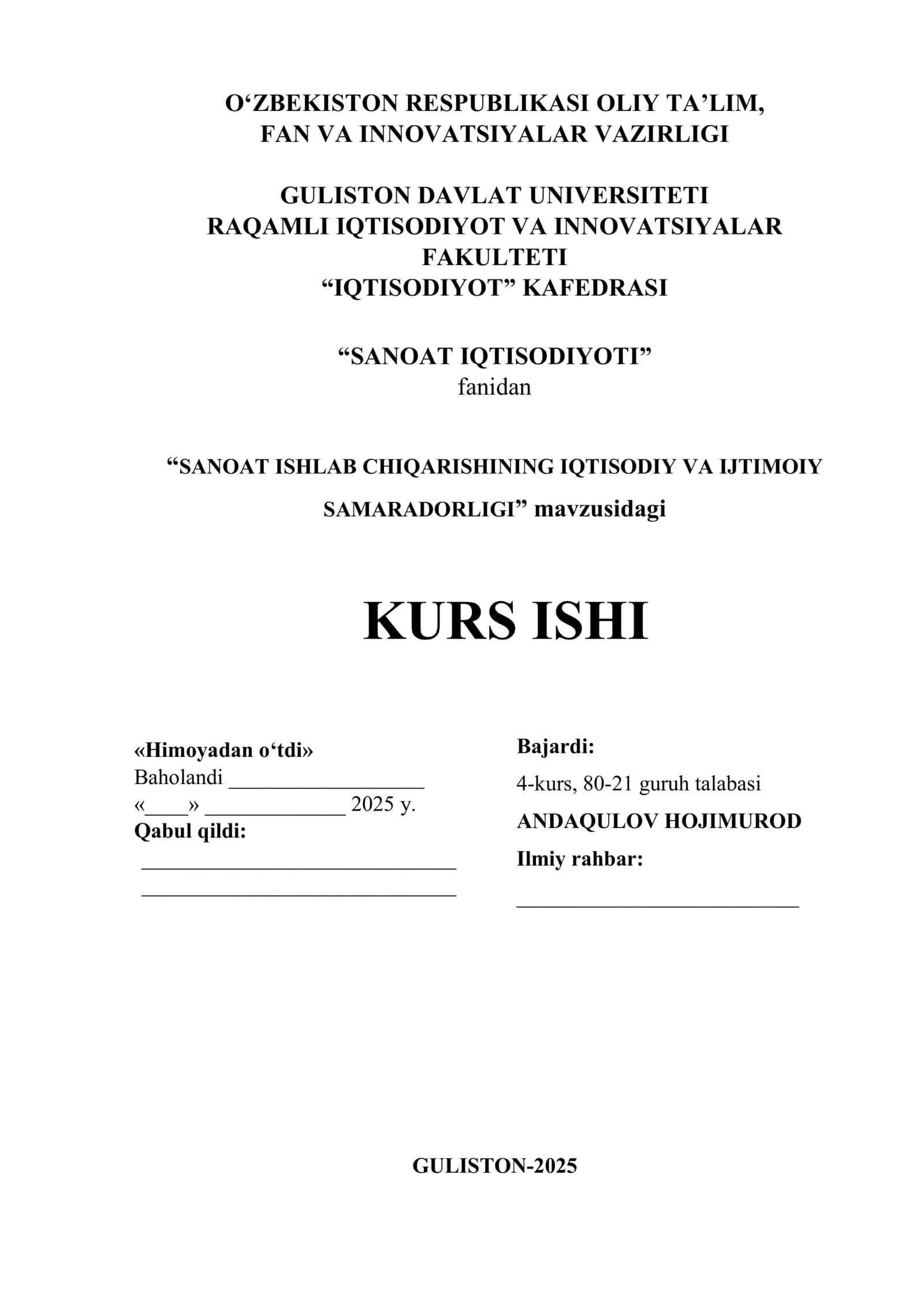 SANOAT ISHLAB CHIQARISHINING IQTISODIY VA IJTIMOIY SAMARADORLIGI KURS ISHI