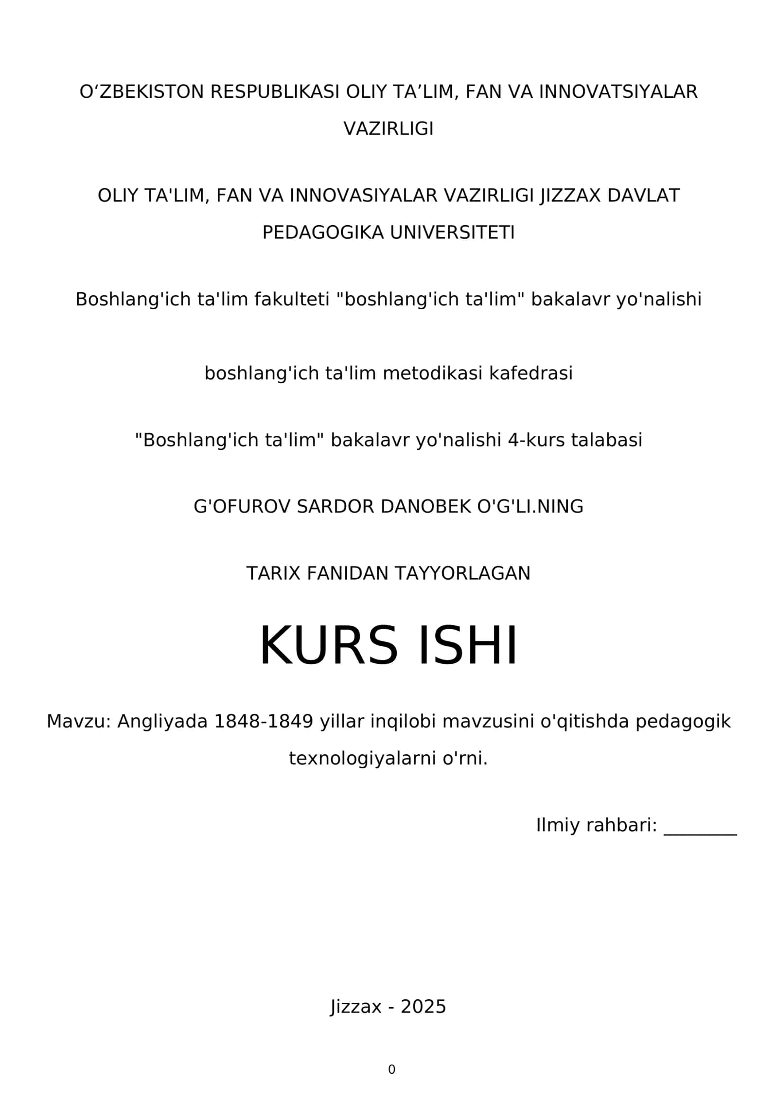 Angliyada 1848-1849 yillar inqilobi mavzusini o'qitish kurs ishi