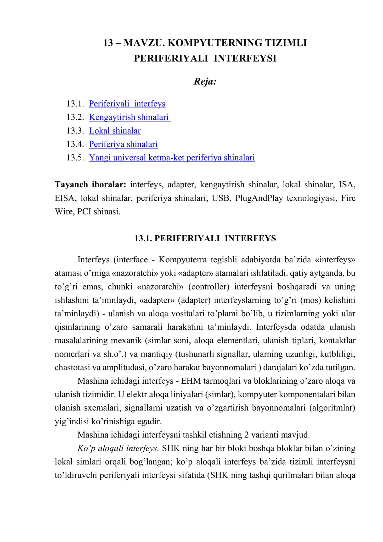 KOMPYUTERNING TIZIMLI PERIFERIYALI INTERFEYSI