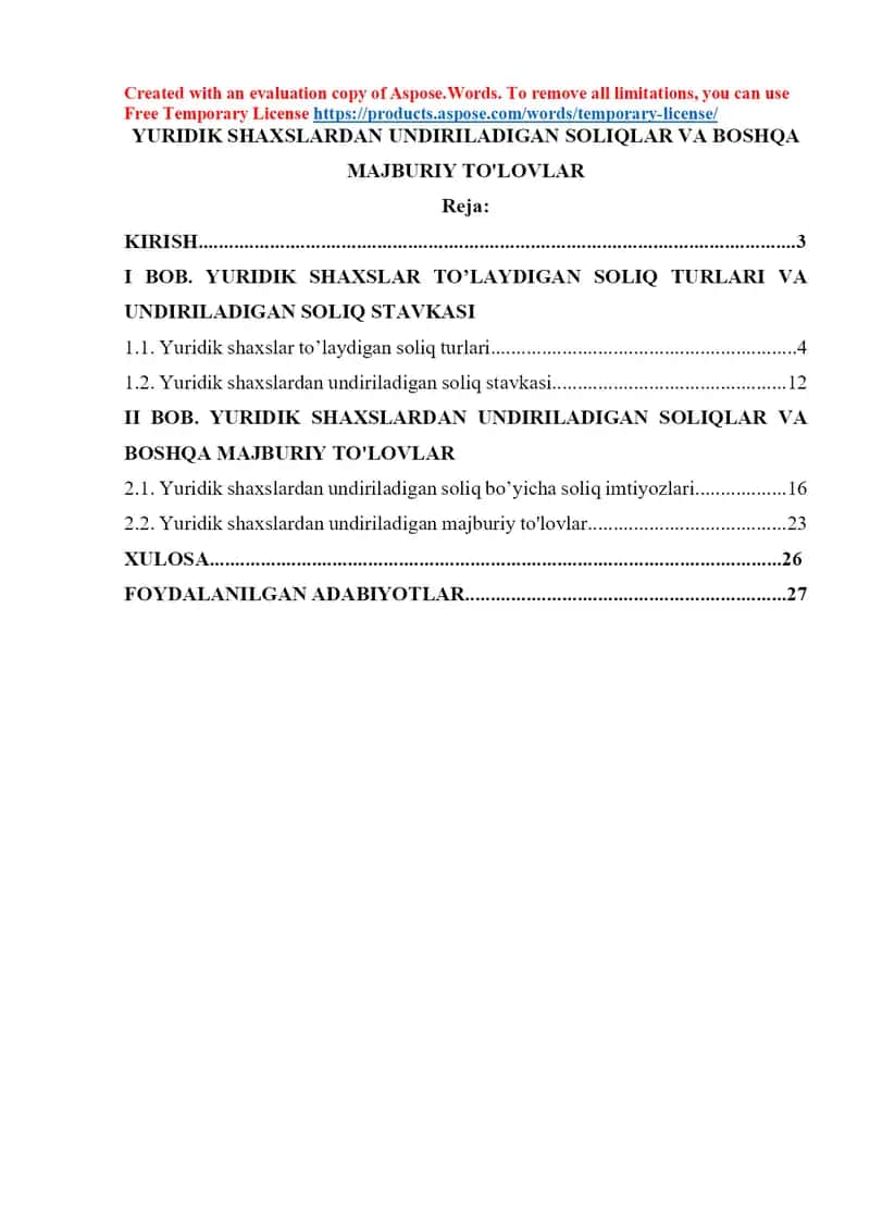 Yuridik shaxslardan undiriladigan soliqlar va boshqa majburiy to'lovlar