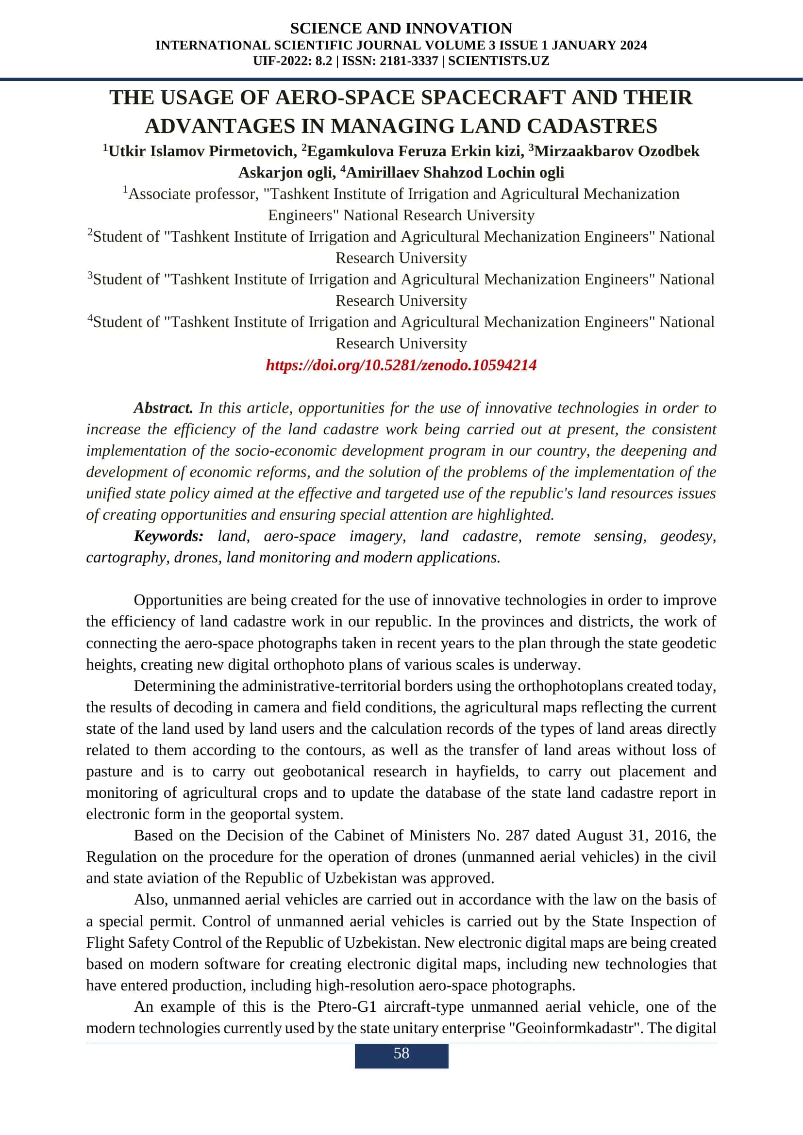 The Usage of Aero-Space Spacecraft and Their Advantages in Managing Land Cadastres