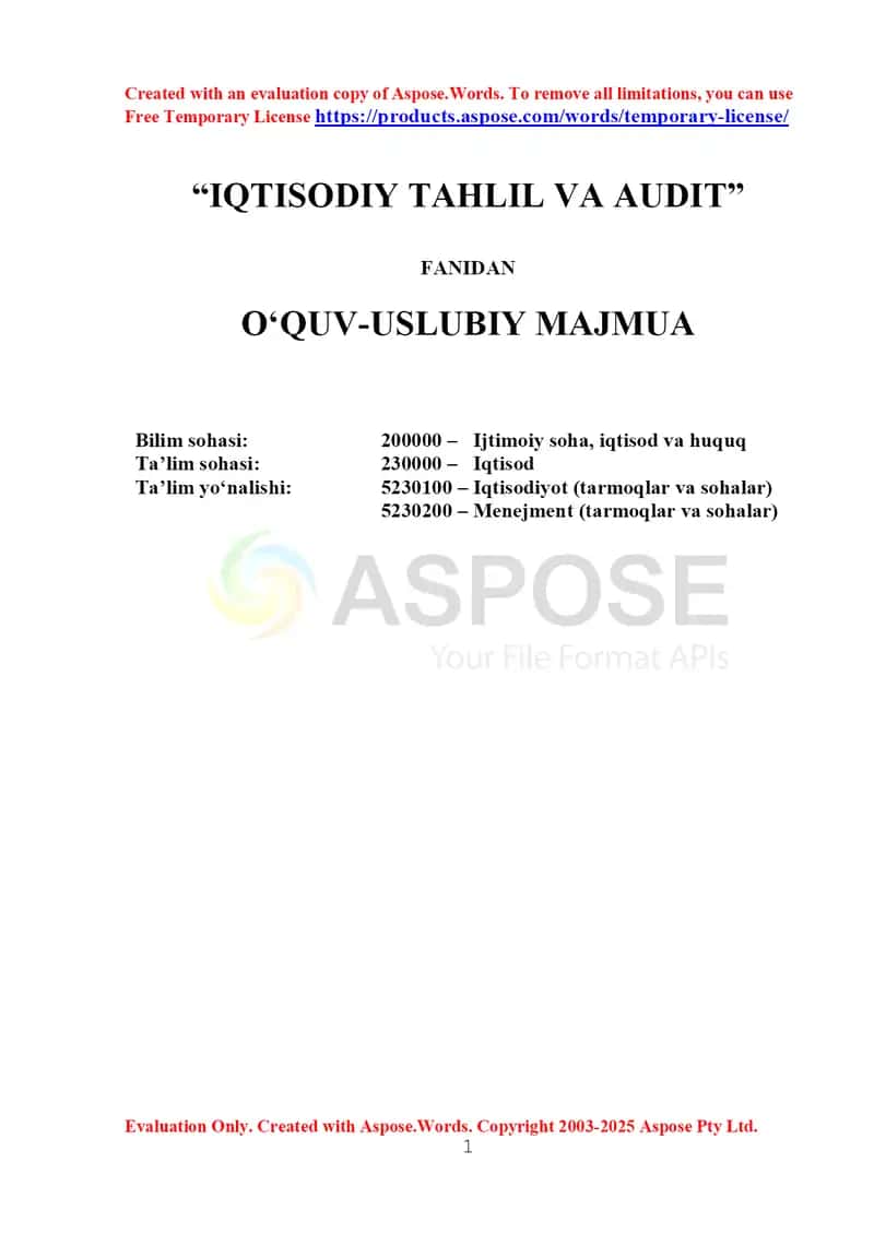 Iqtisodiy tahlil va audit fanidan o‘quv-uslubiy majmua