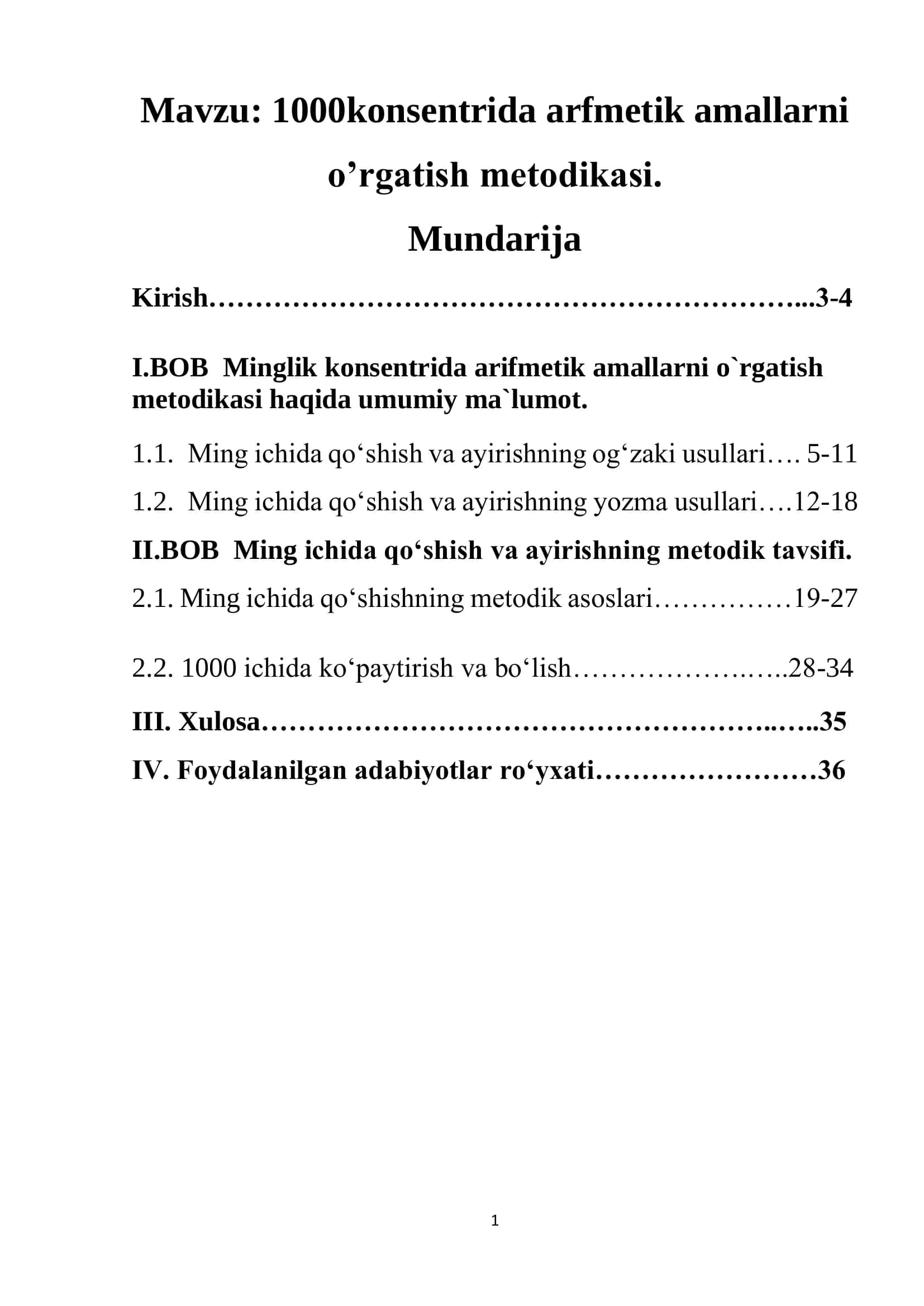 1000konsentrida arfmetik amallarni o’rgatish metodikasi