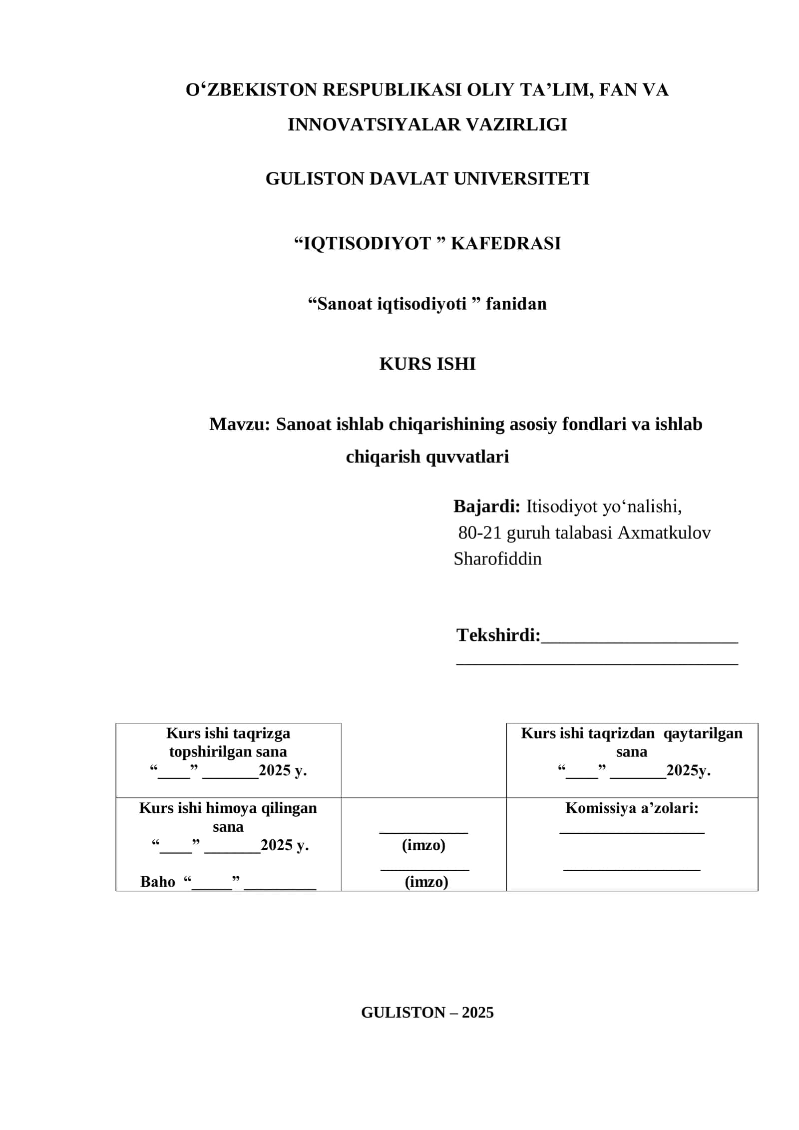 Sanoat ishlab chiqarishining asosiy fondlari va ishlab chiqarish quvvatlari