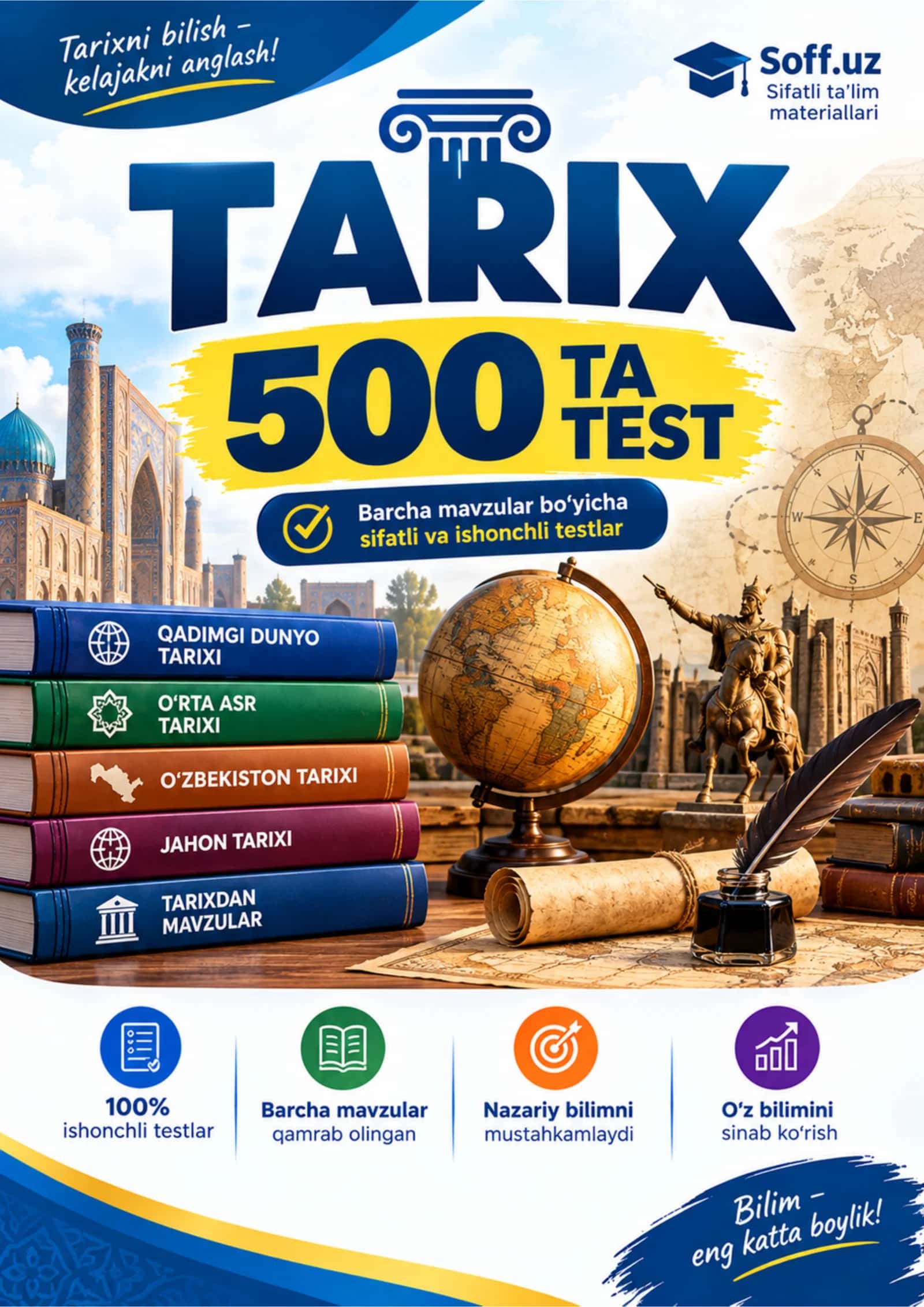 Tarix: 500 ta test — O‘zbekiston va jahon tarixi bo‘yicha test savollari