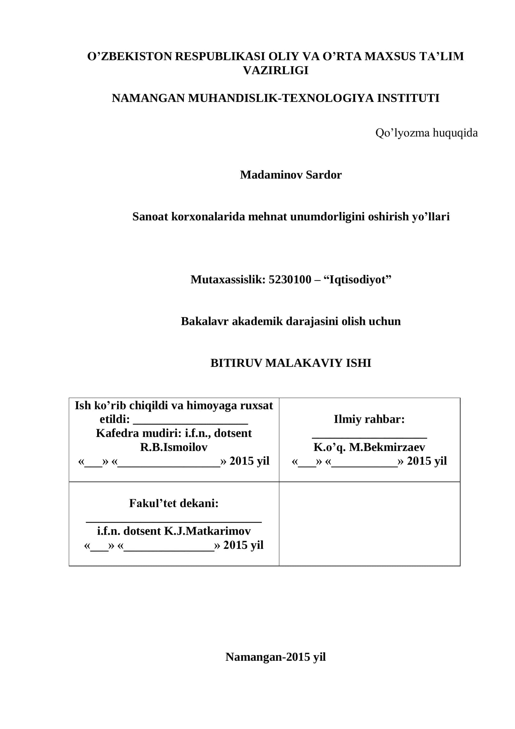 Sanoat korxonalarida mehnat unumdorligini oshirish yo’llari