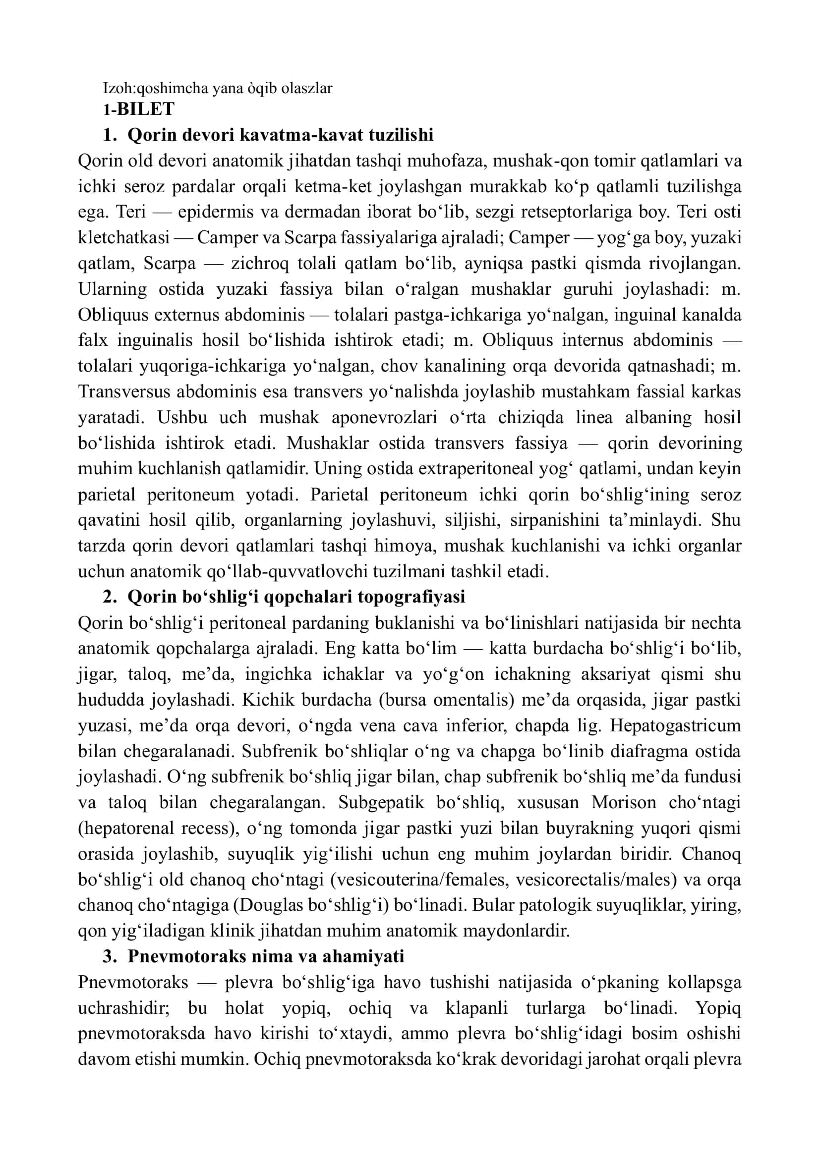 Klinik anatomiya 20 ta bilet javoblari. Klinik anatomiya oraliq savollarga javoblar