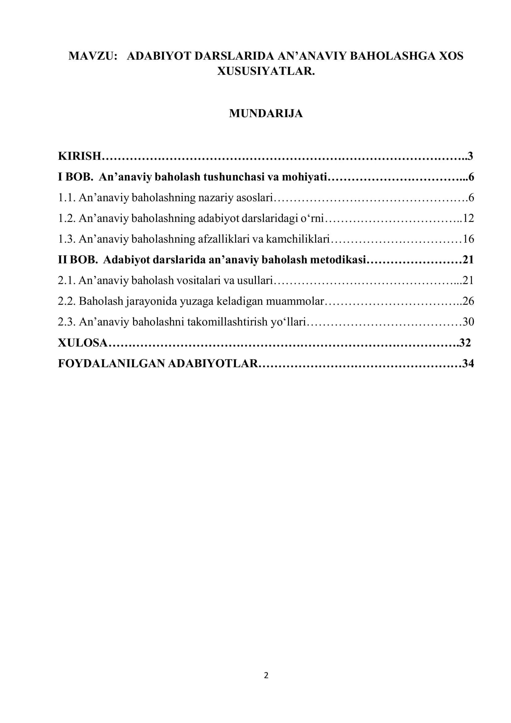 ADABIYOT DARSLARIDA AN’ANAVIY BAHOLASHGA XOS XUSUSIYATLAR