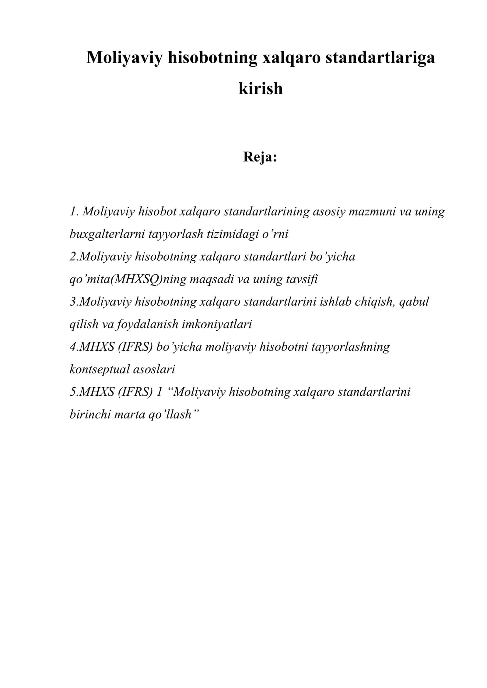 Moliyaviy hisobotning xalqaro standartlariga kirish