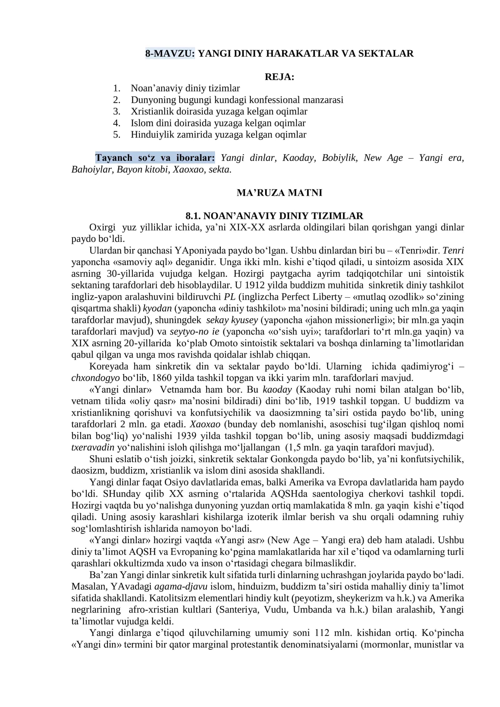 YANGI DINIY HARAKATLAR VA SEKTALAR
