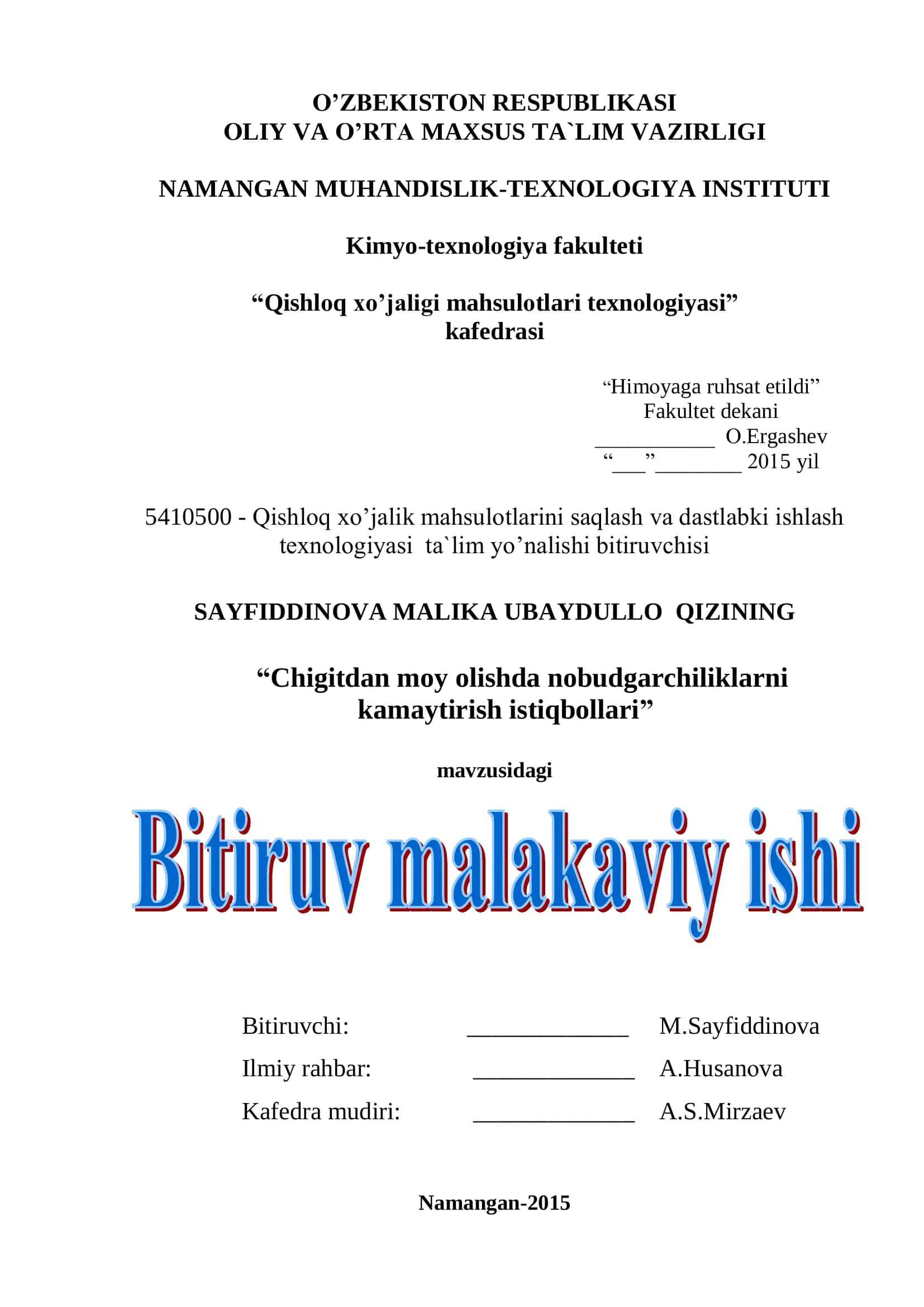 Chigitdan moy olishda nobudgarchiliklarni kamaytirish istiqbollari