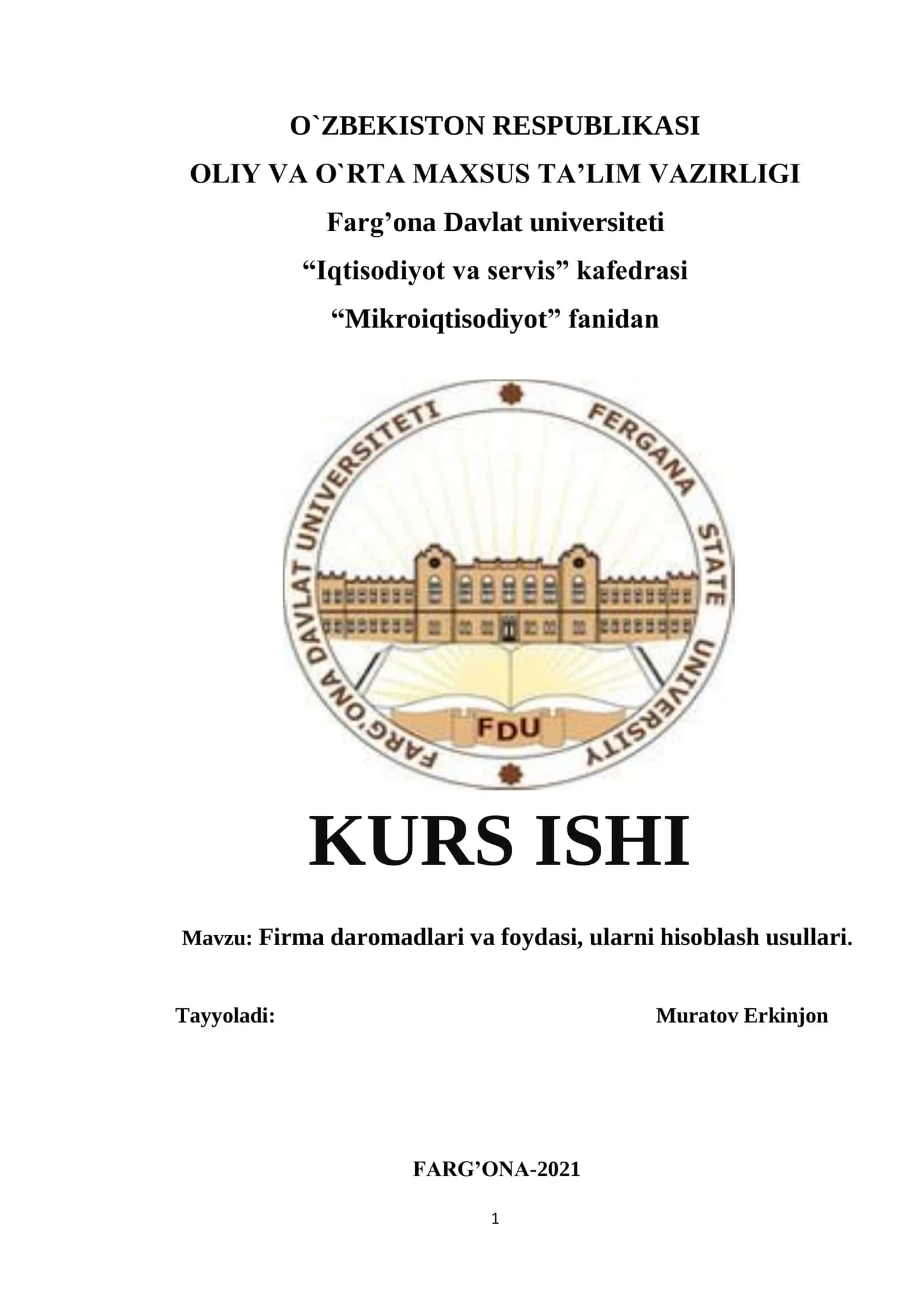 Firma daromadlari va foydasi, ularni hisoblash usullari