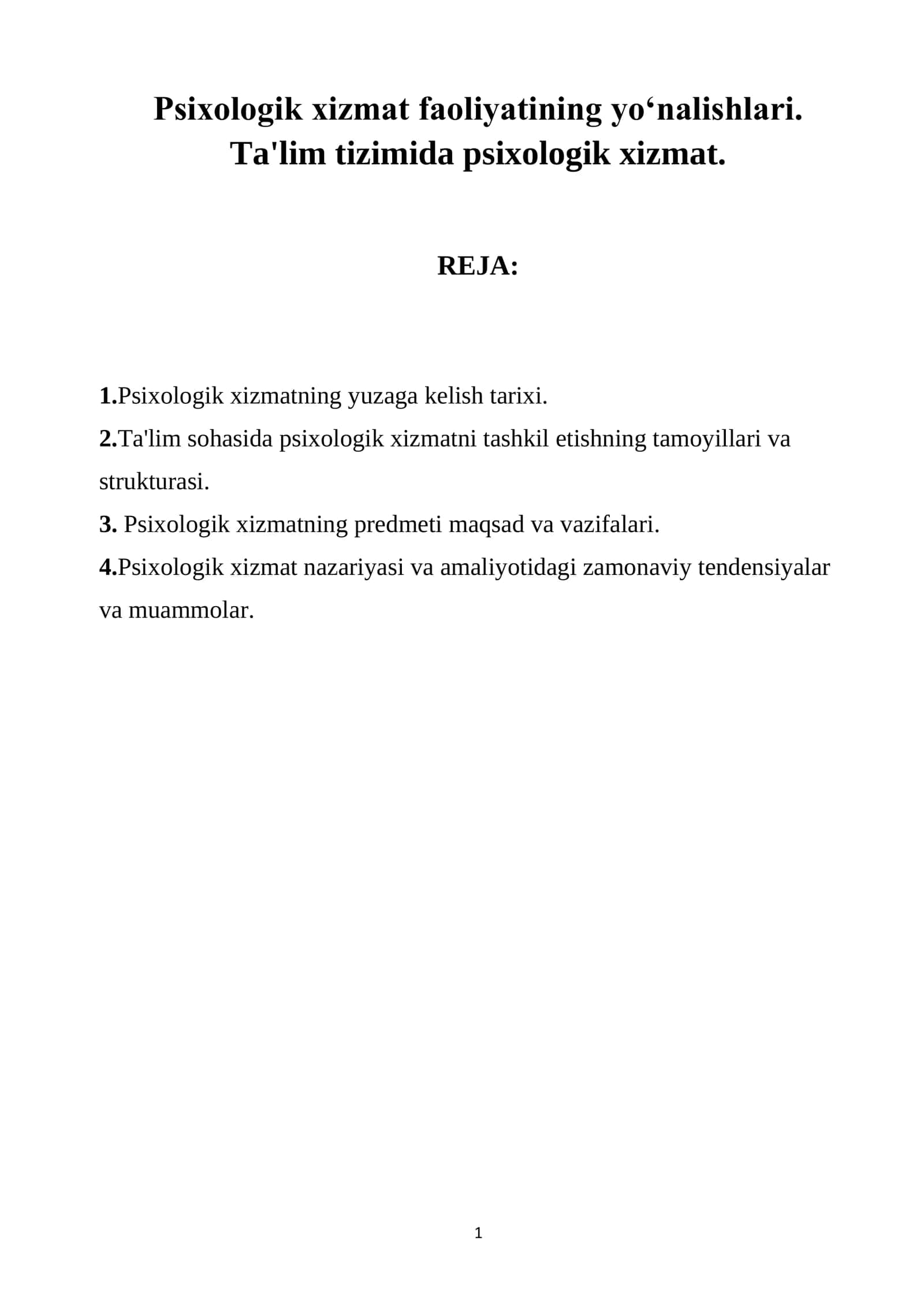 Psixologik xizmat faoliyatining yoʻnalishlari
