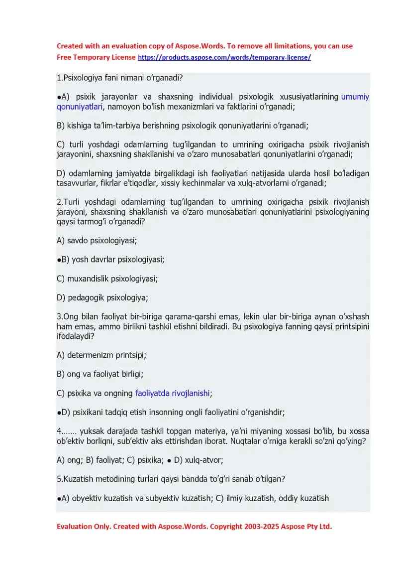 Psixologiya faniga oid test savollari to‘plami