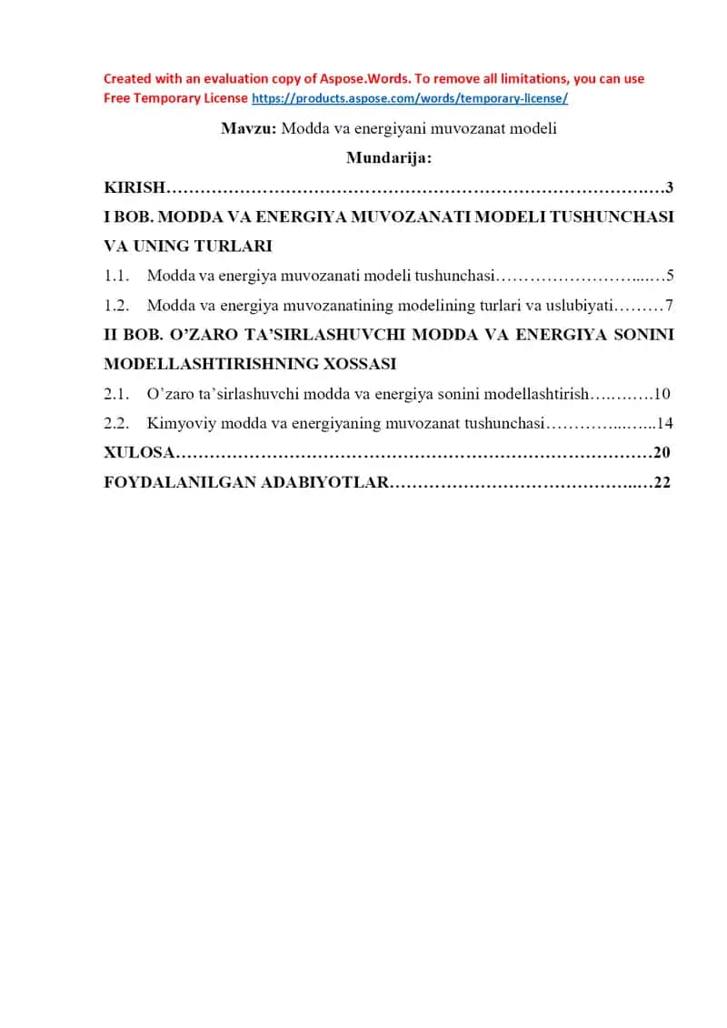 Modda va energiyani muvozanat modeli