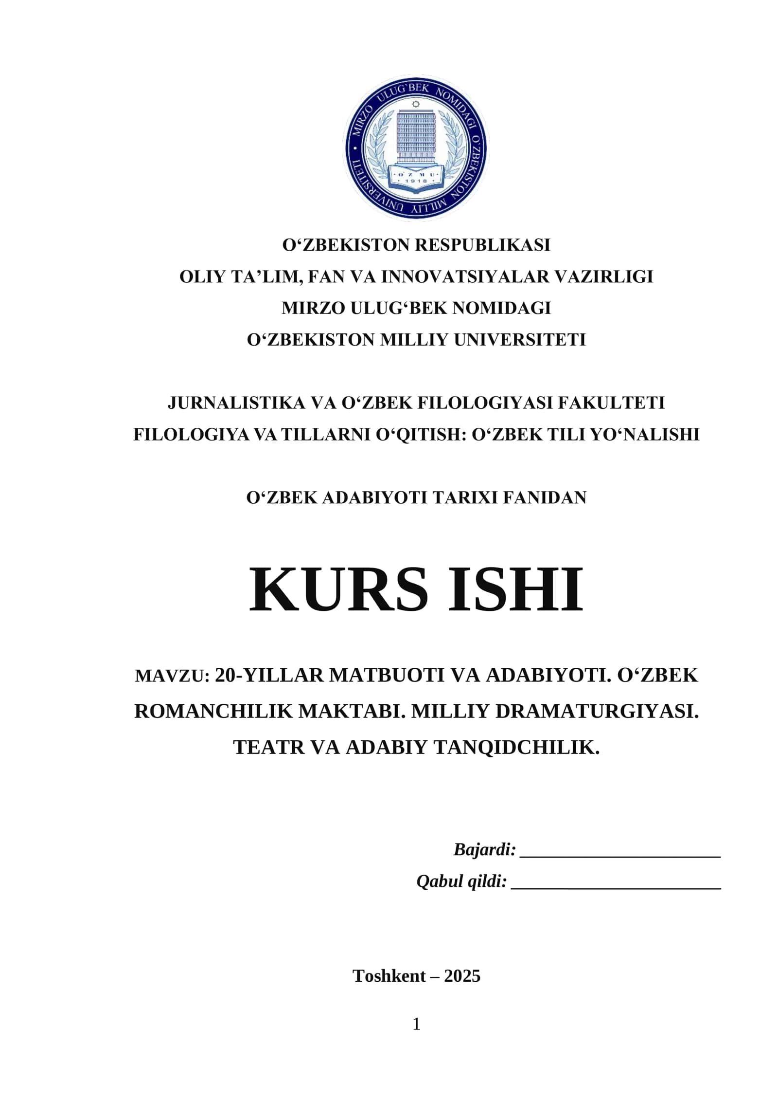 20-YILLAR MATBUOTI VA ADABIYOTI. O‘ZBEK ROMANCHILIK MAKTABI. MILLIY DRAMATURGIYASI. TEATR VA ADABIY TANQIDCHILIK.