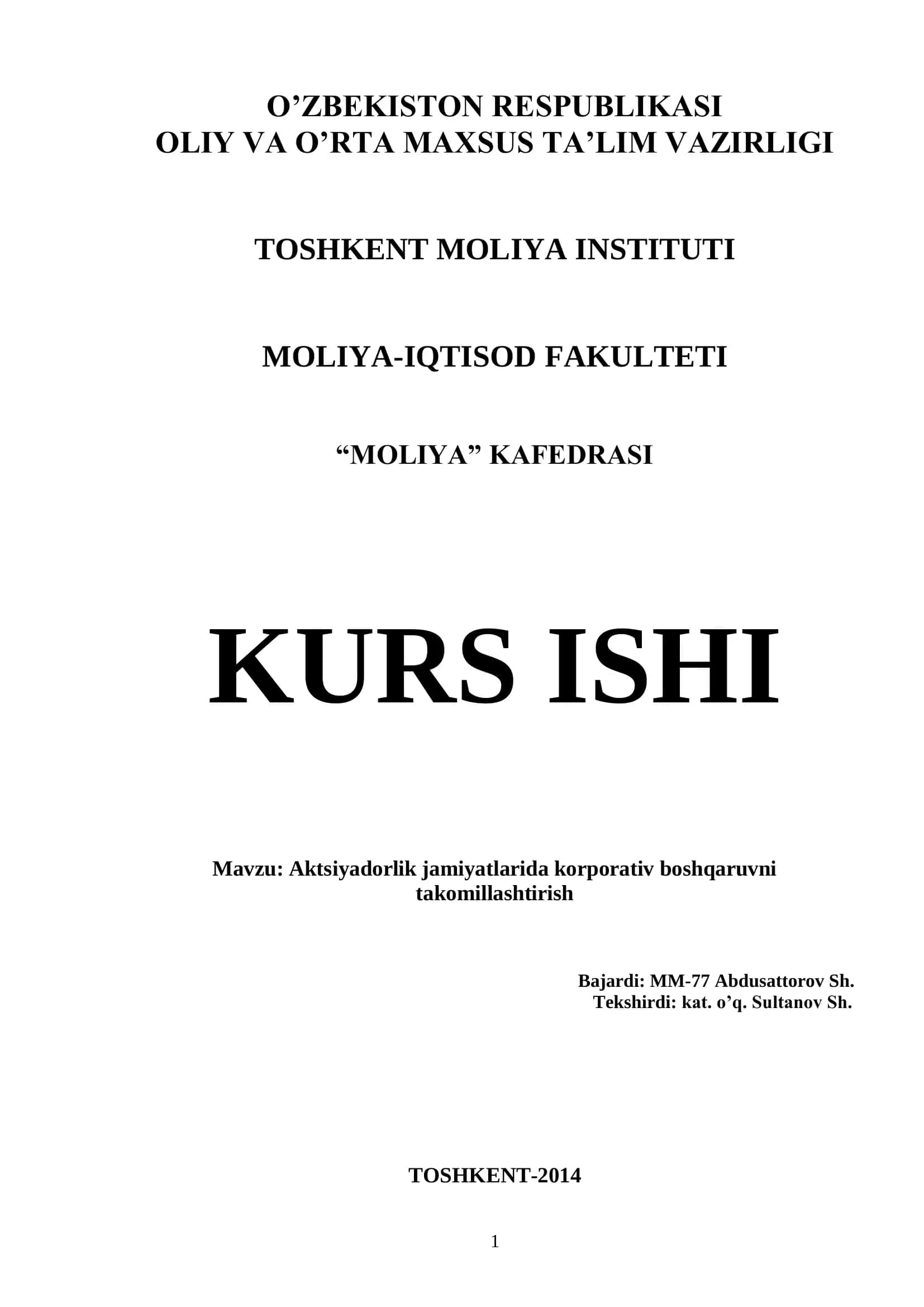 Aktsiyadorlik jamiyatlarida korporativ boshqaruvni takomillashtirish