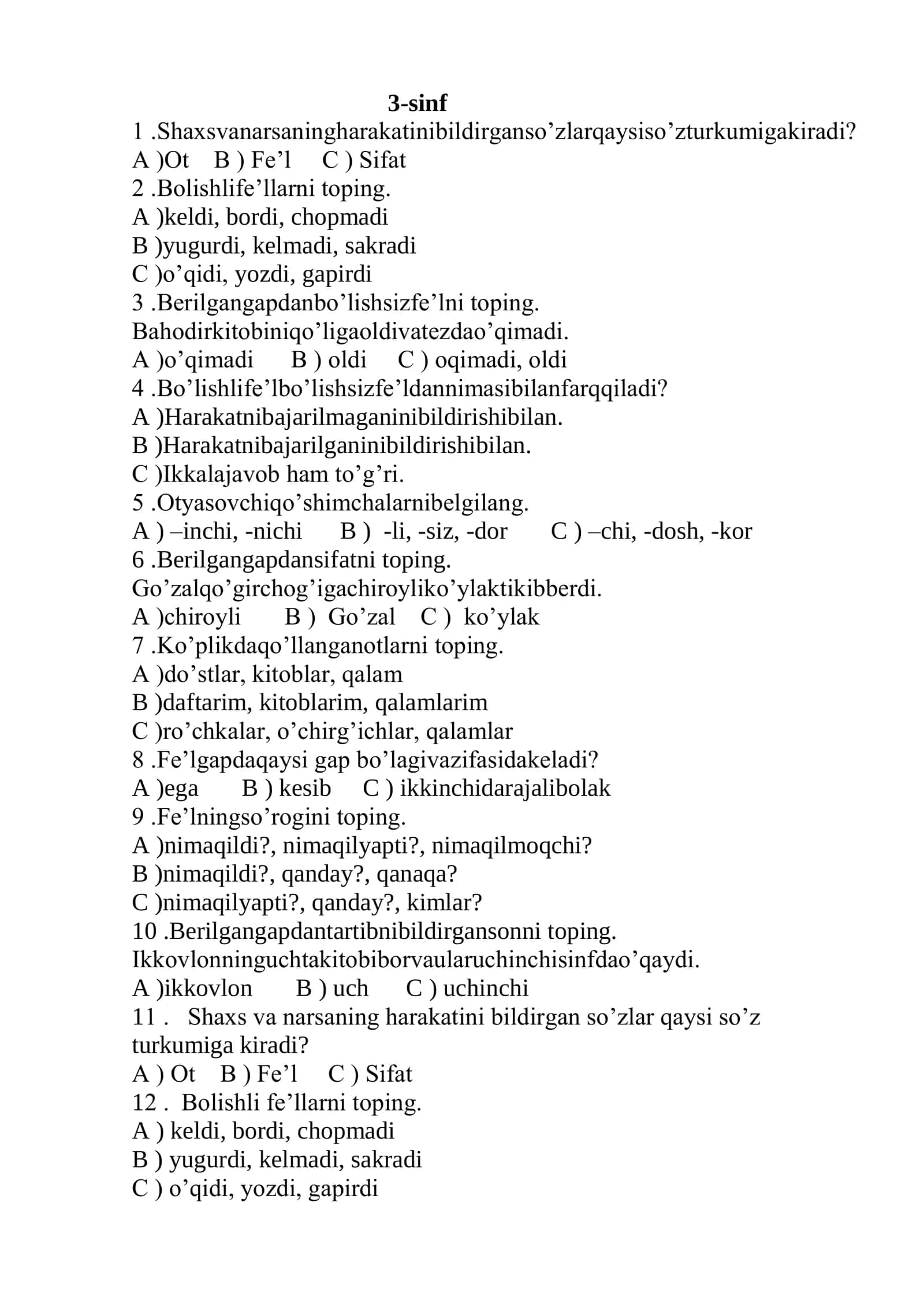 ona-tili 3-sinflar uchun testlar