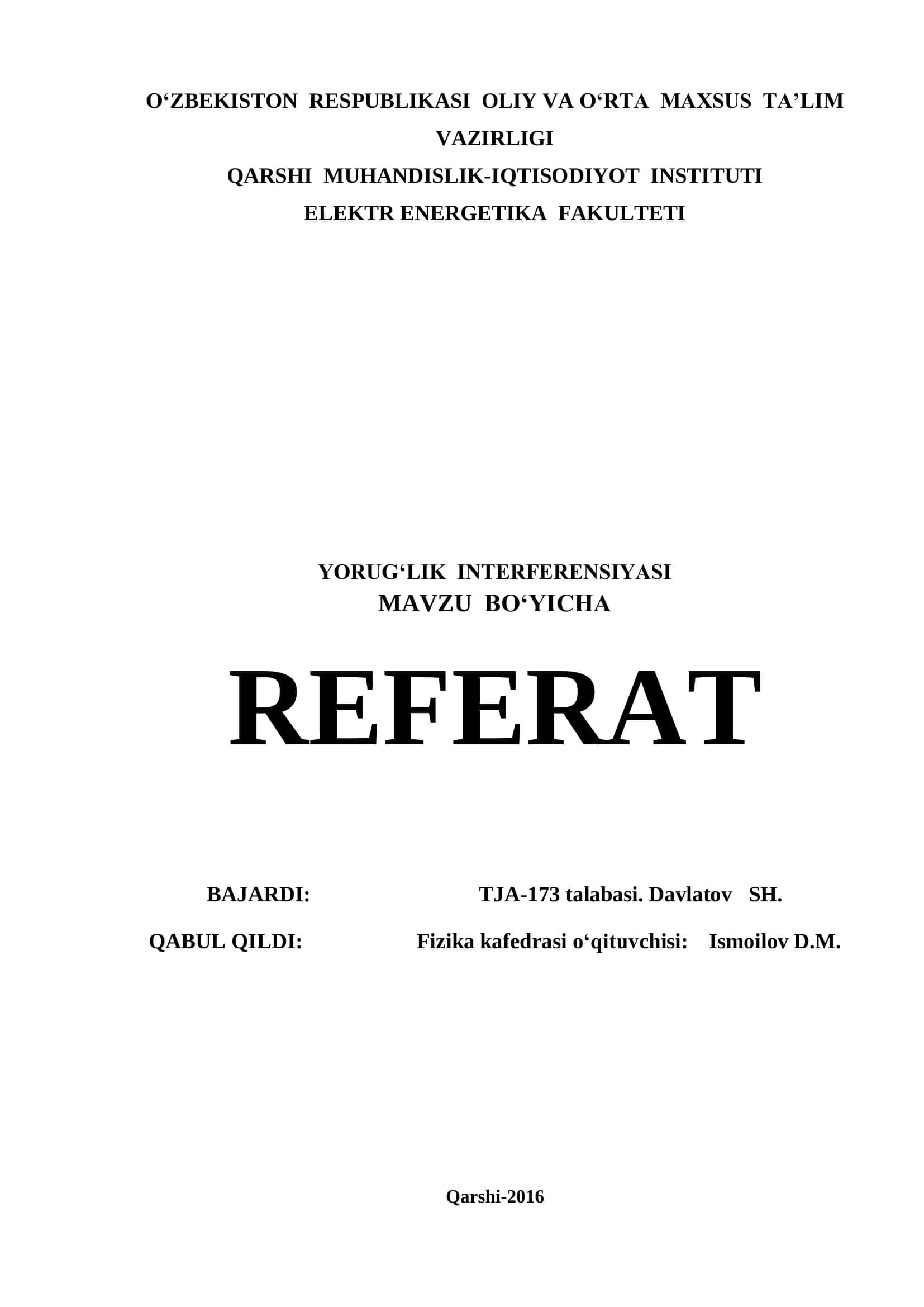 YORUG‘LIK INTERFERENSIYASI