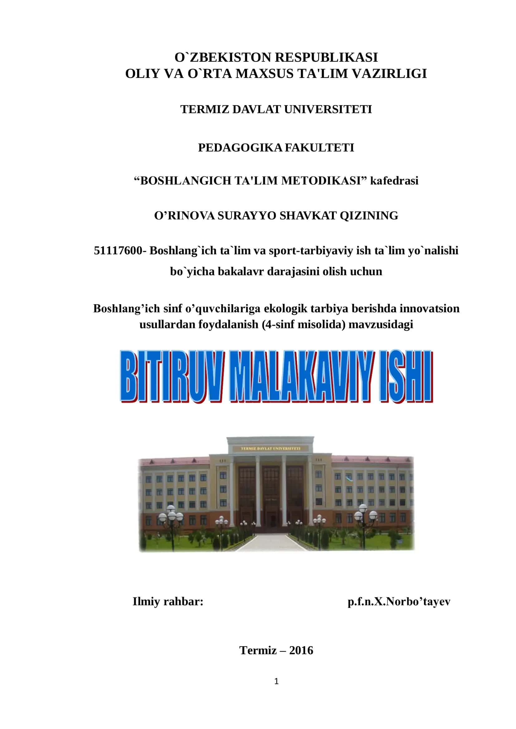 Boshlang'ich ta`lim va sport-tarbiyaviy ish ta`lim yo`nalishi