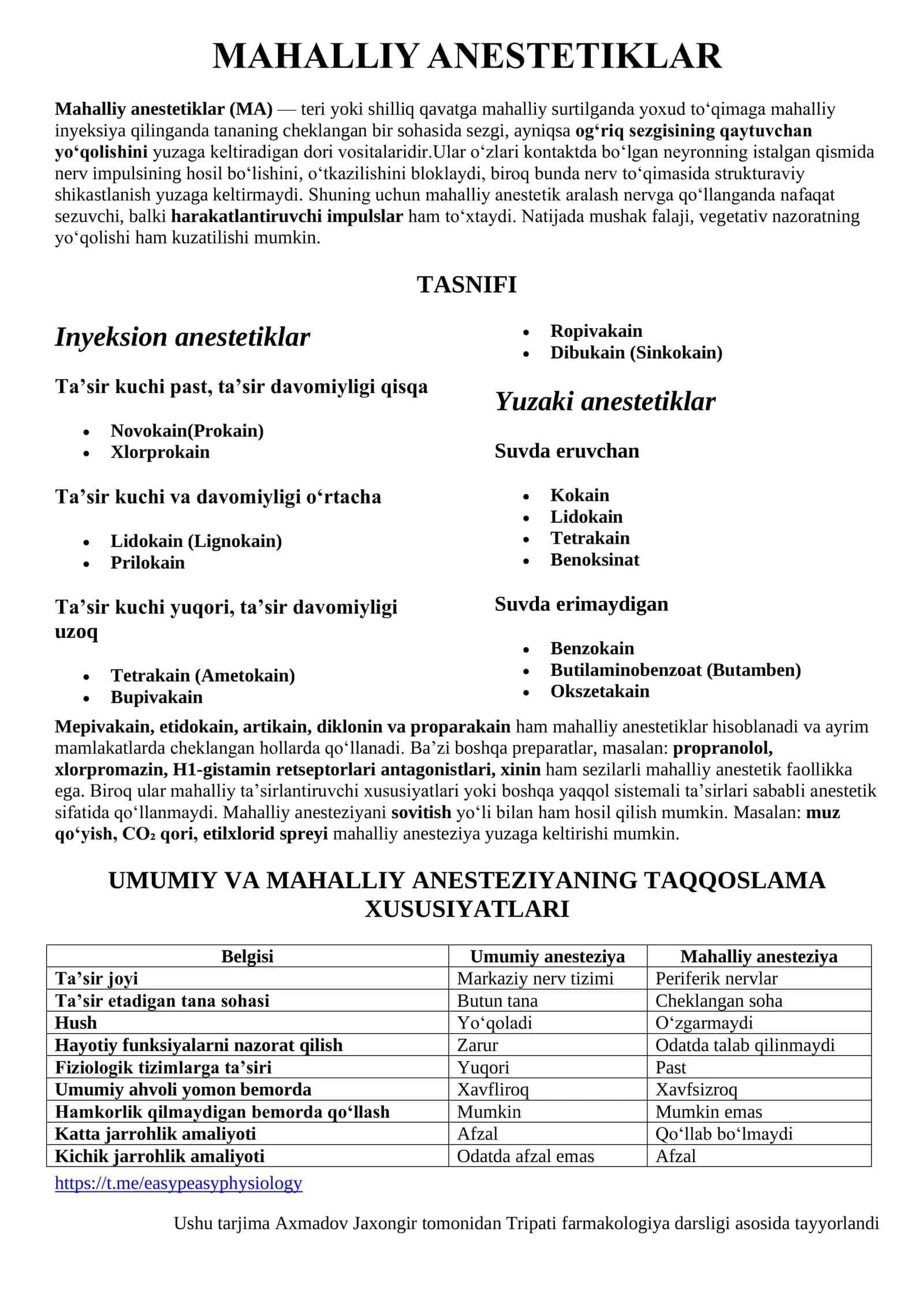 MAHALLIY ANESTETIKLAR
