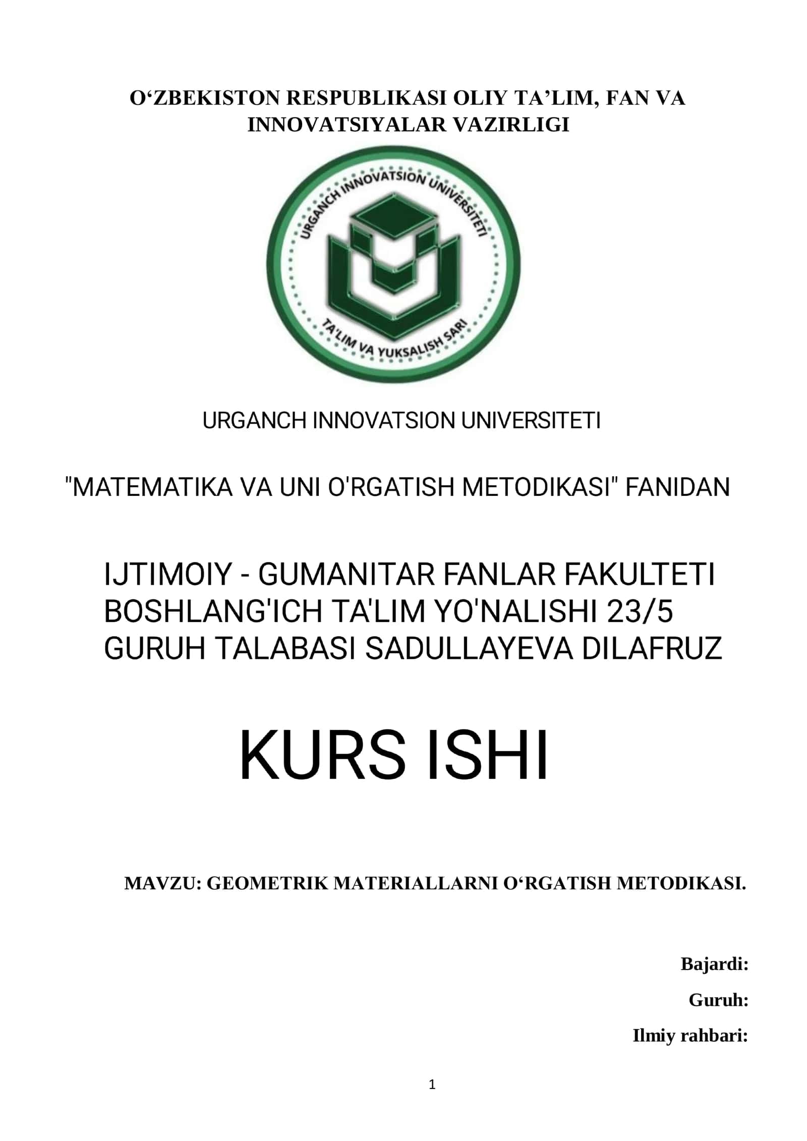 GEOMETRIK MATERIALLARNI OʻRGATISH METODIKASI