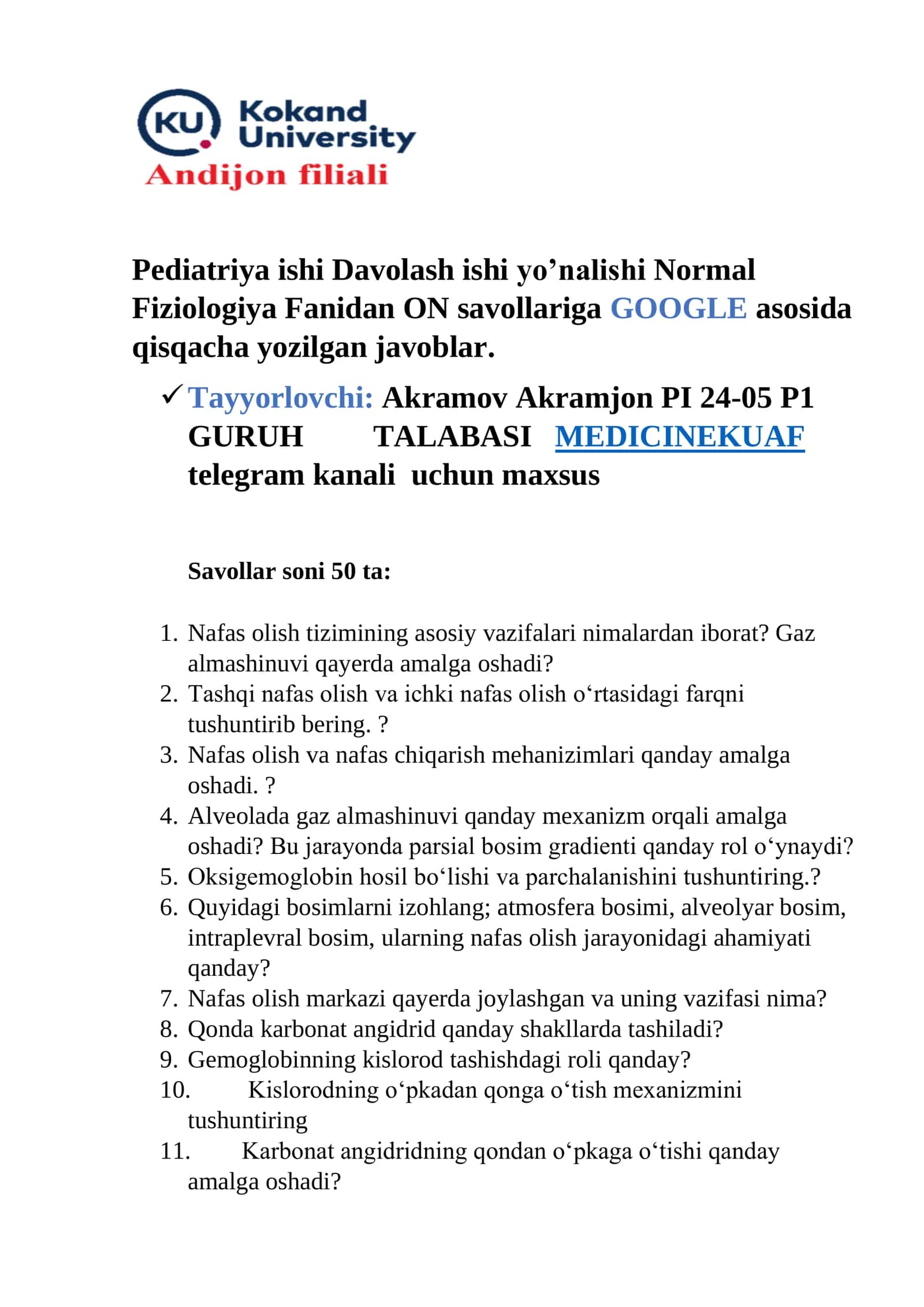 Pediatriya ishi Davolash ishi yo’nalishi Normal