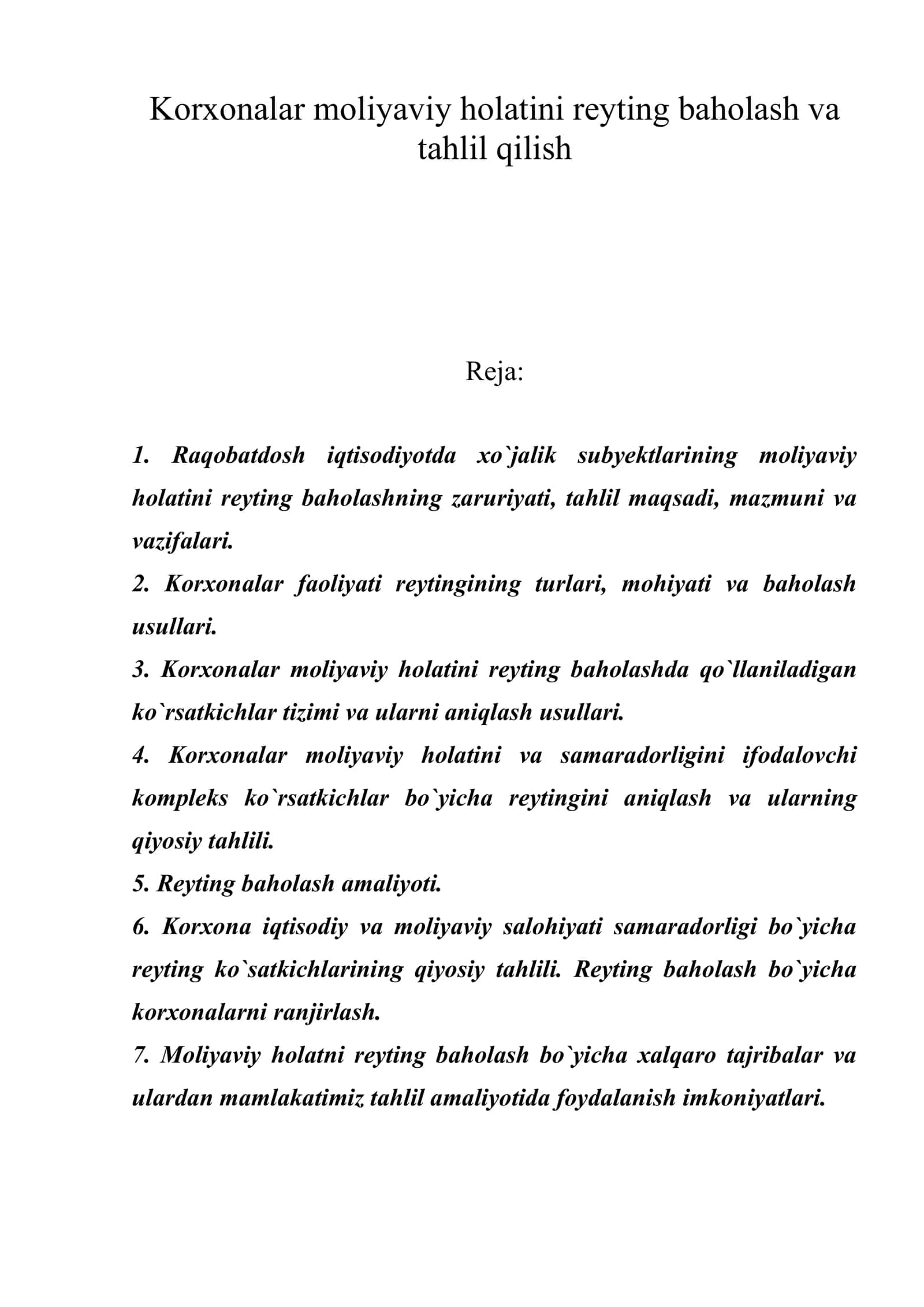 Korxonalar moliyaviy holatini reyting baholash va tahlil qilish