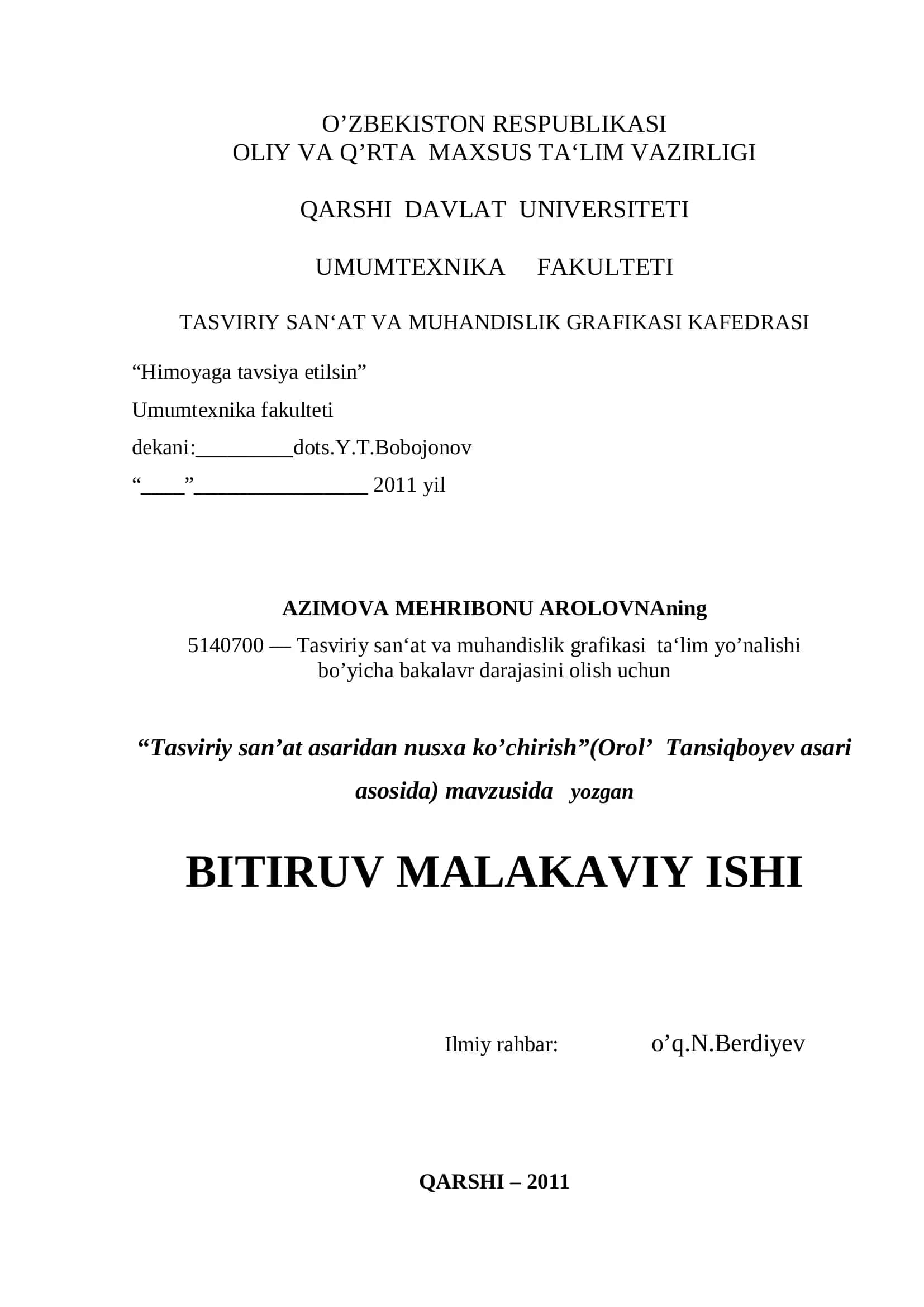 Tasviriy san‘at va muhandislik grafikasi ta‘lim yo’nalishi