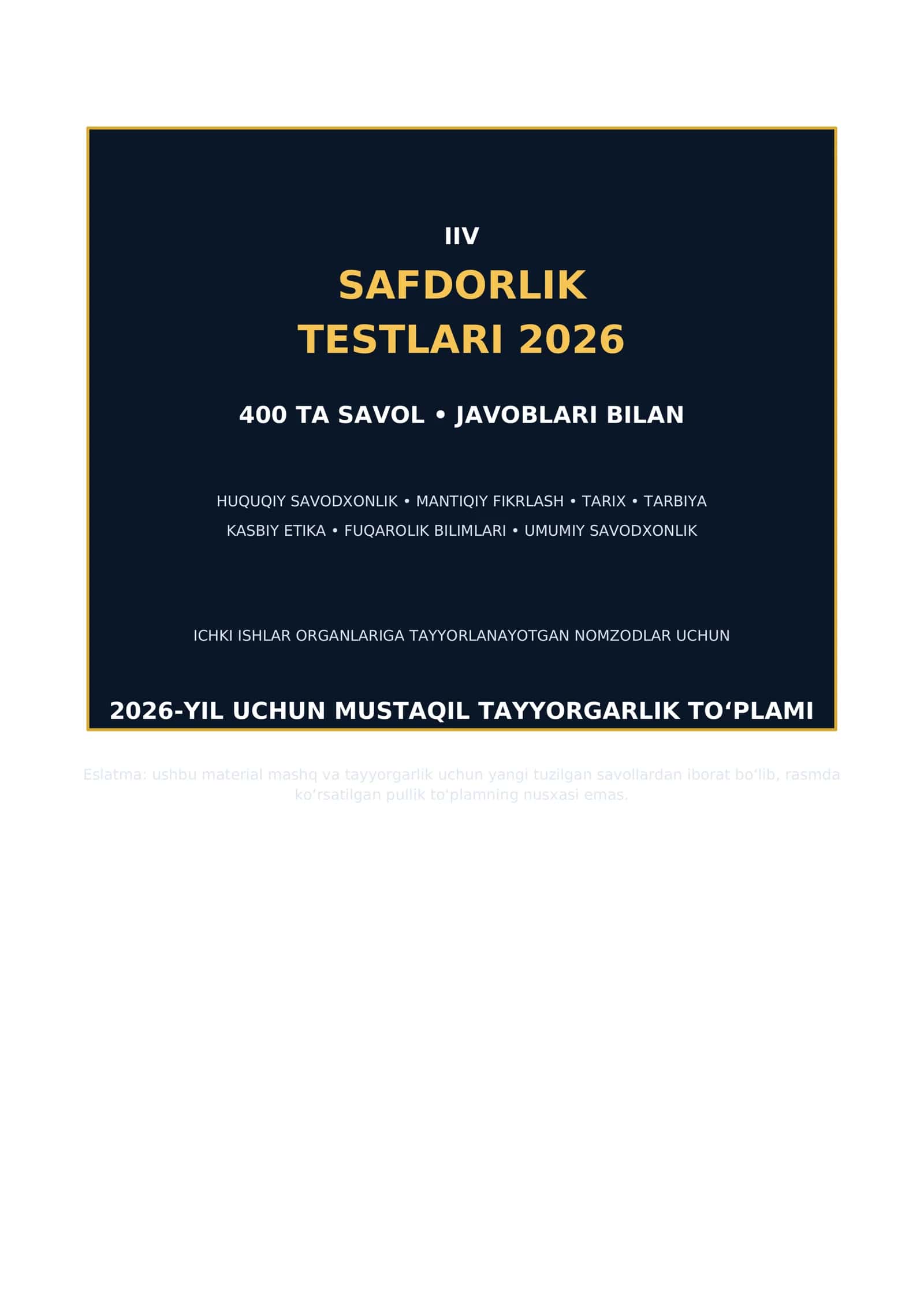 IIV SAFDORLIK TESTLARI 2026 Yangi javoblari bilan