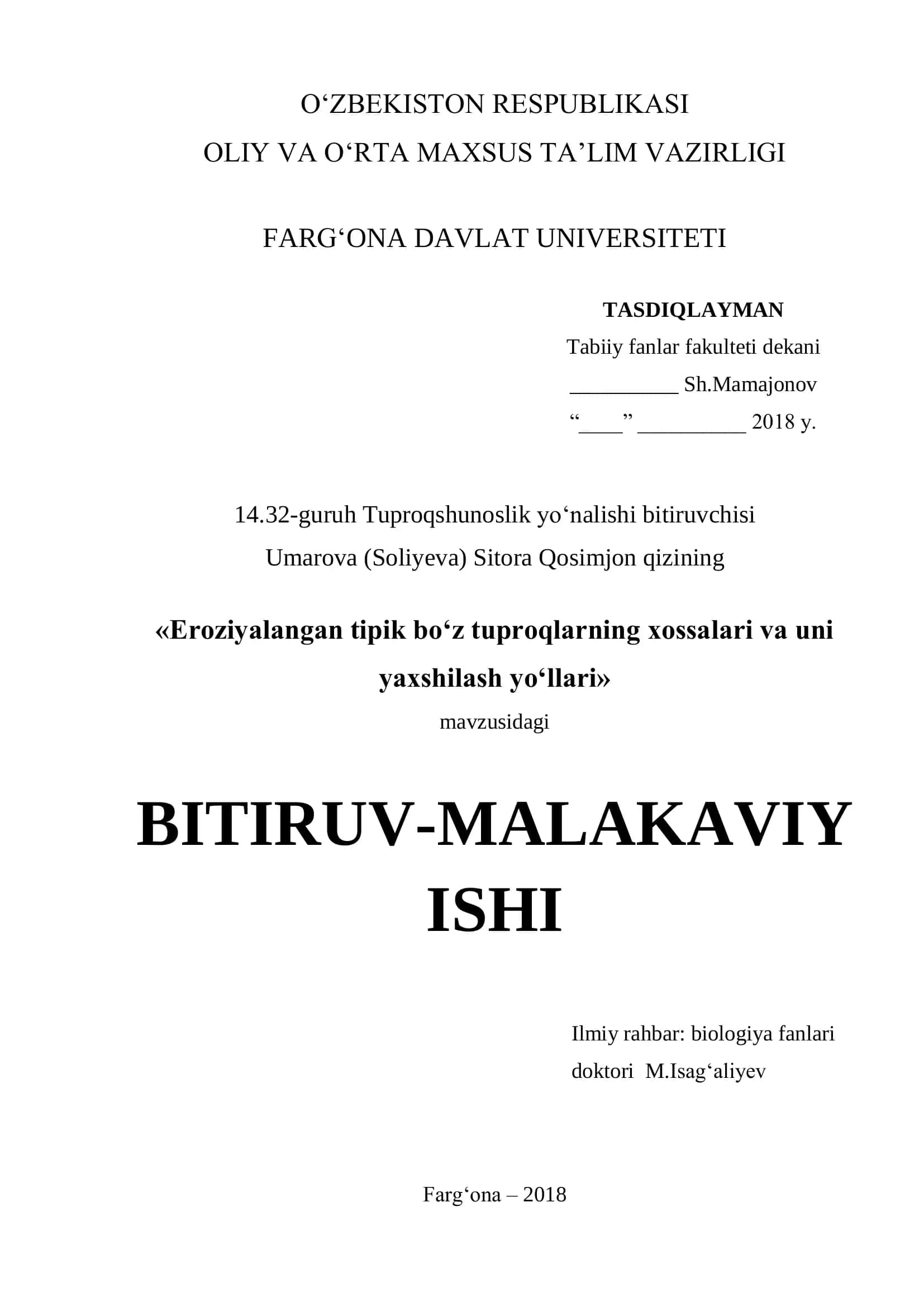 "Eroziyalangan tipik bo'z tuproqlarning xossalari va uni yaxshilash yo'llari"
