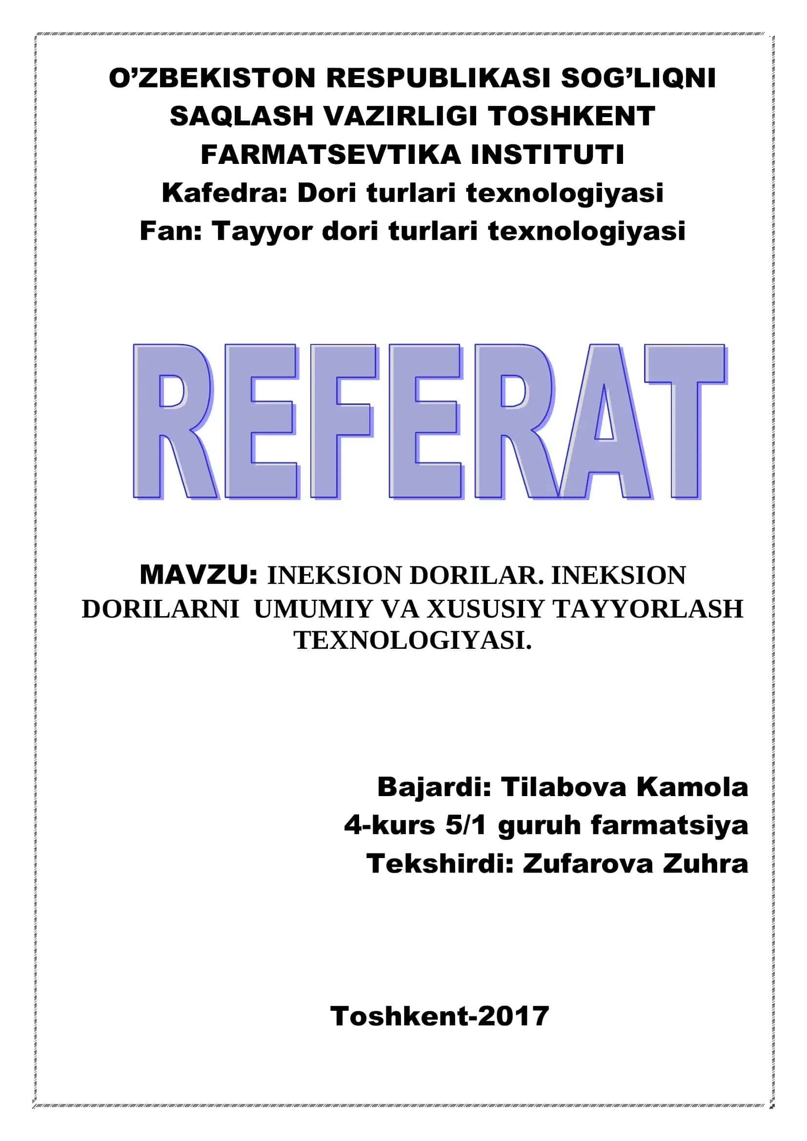 INEKSION DORILAR. INEKSION DORILARNI UMUMIY VA XUSUSIY TAYYORLASH TEXNOLOGIYASI