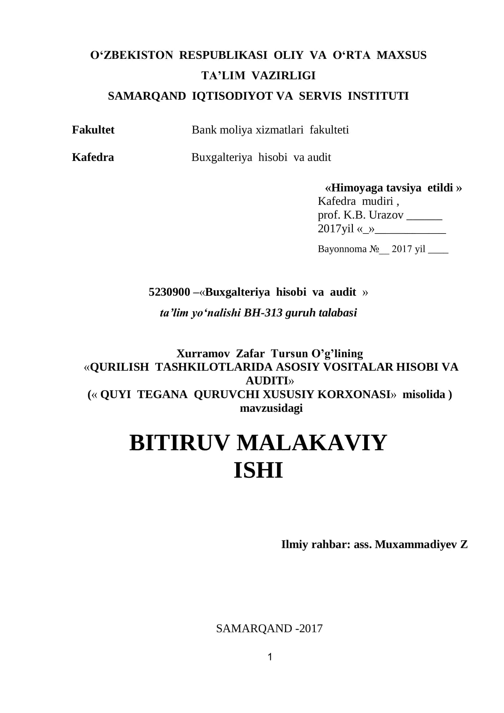 QURILISH TASHKILOTLARIDA ASOSIY VOSITALAR HISOBI VA AUDITI