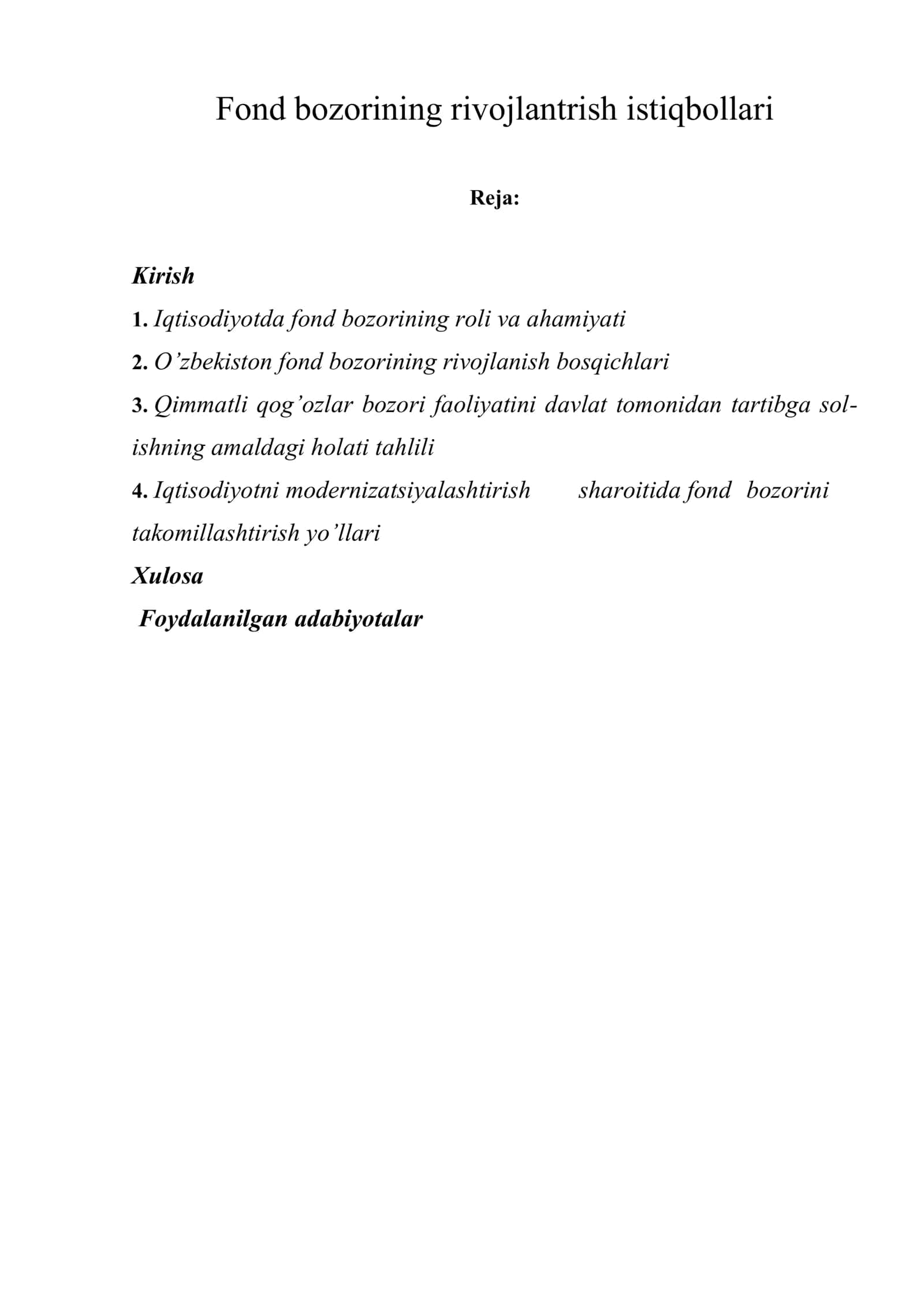 Fond bozorining rivojlantrish istiqbollari